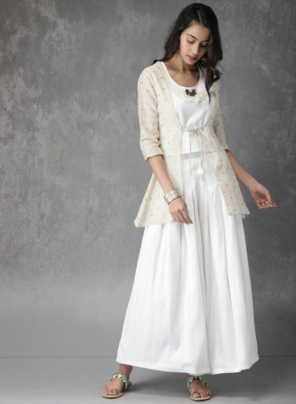Anouk Off-White & Beige Printed Kurta with Palazzo