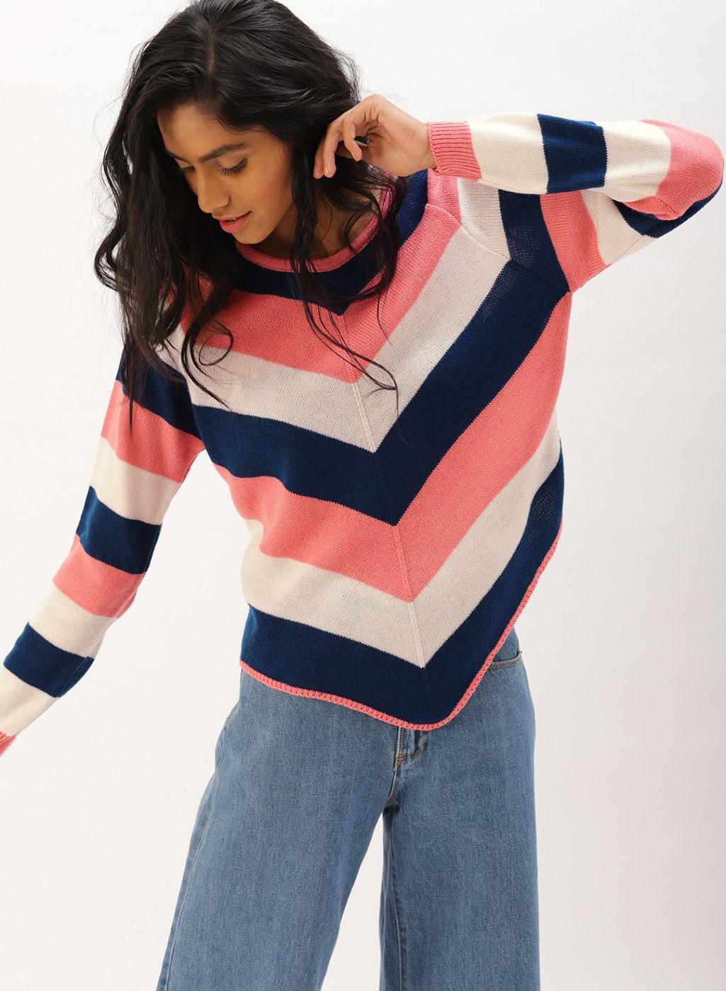 DressBerry White & Peach-Coloured Striped Pullover