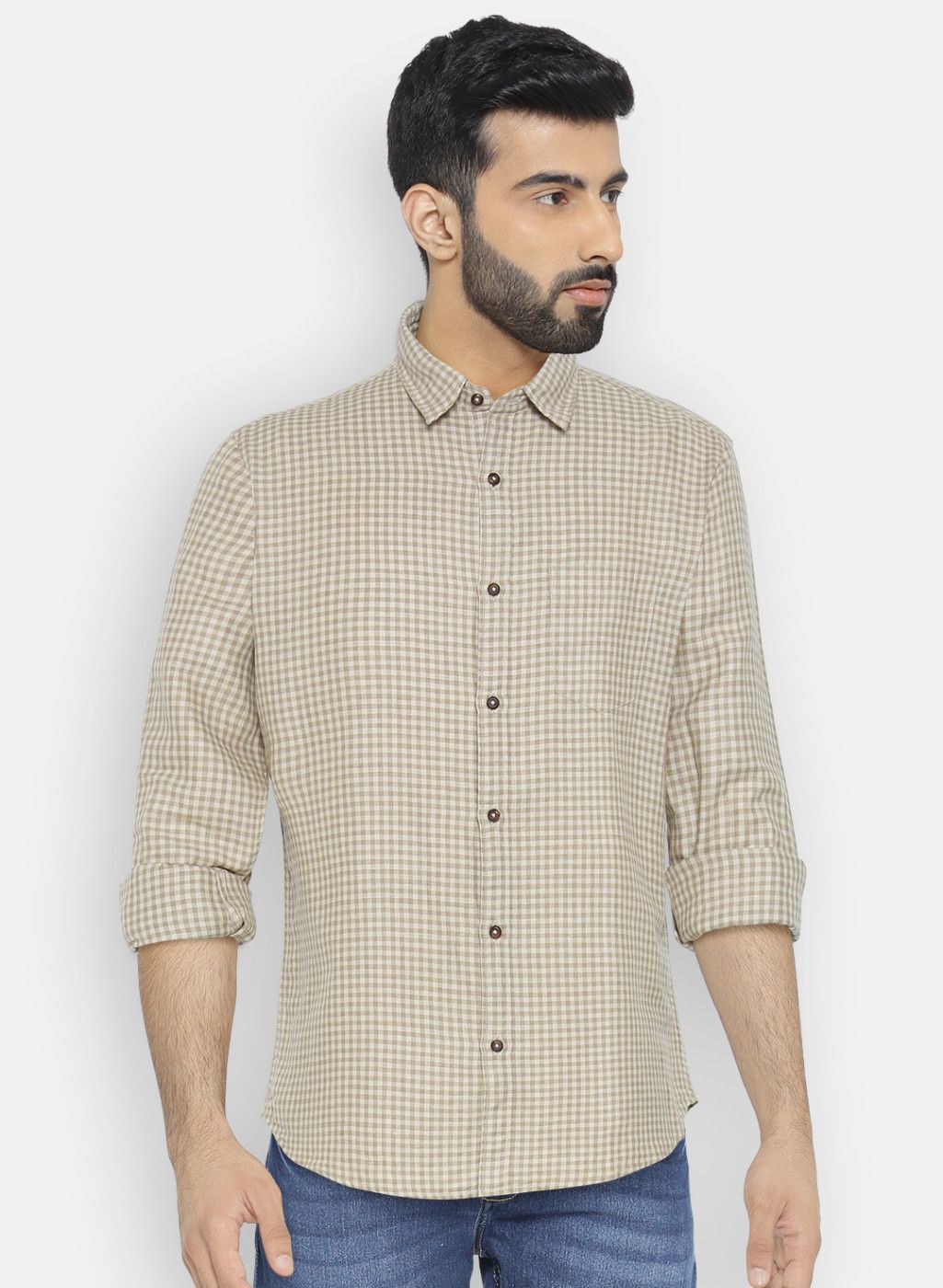 Numero Uno Beige Slim Fit Checked Casual Shirt