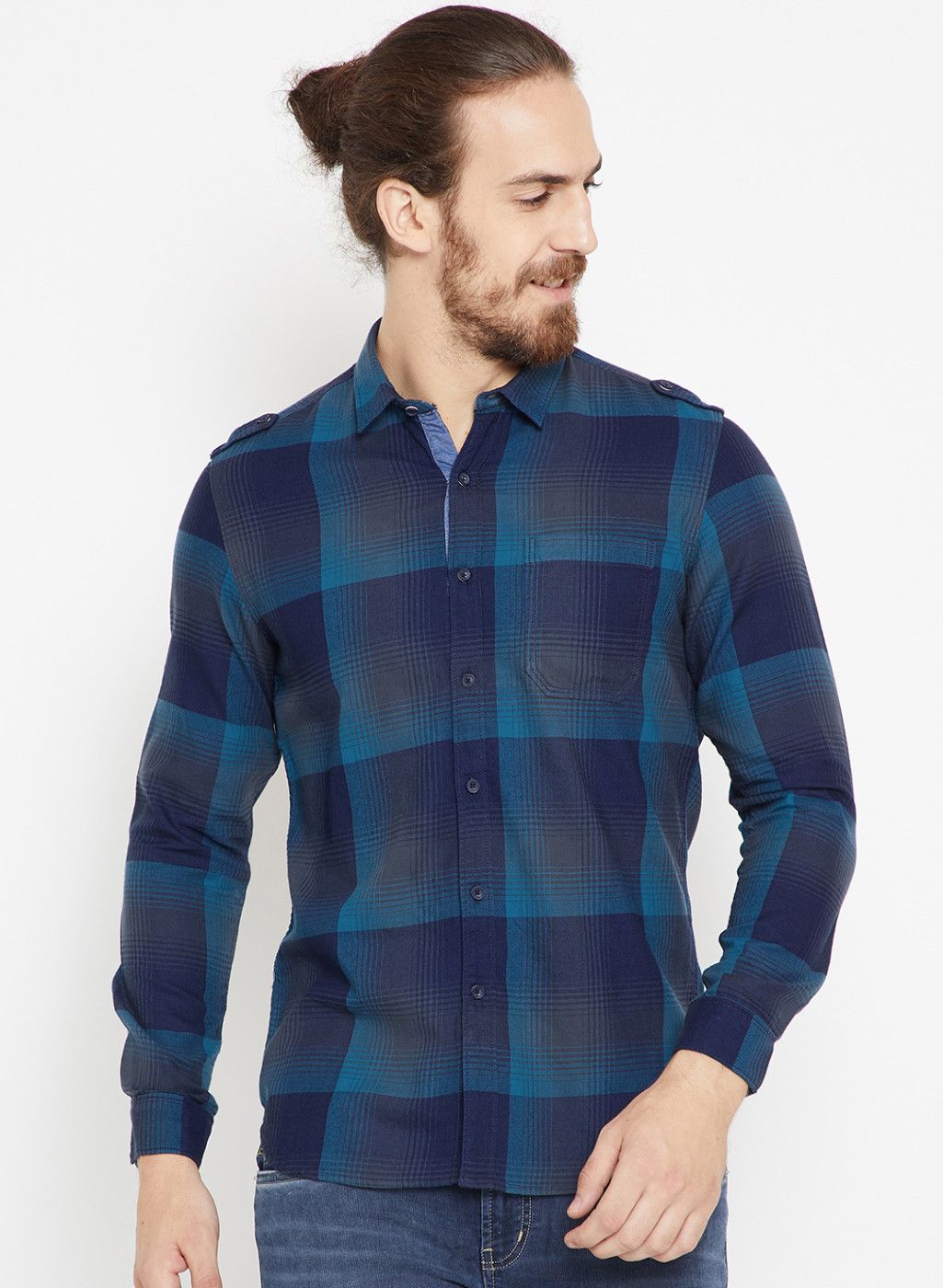Numero Uno Blue & Grey Slim Fit Checked Casual Shirt