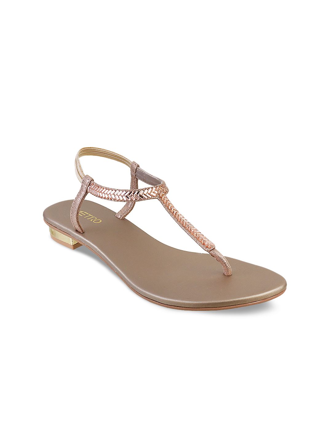 Metro Women Gold-Toned Solid Synthetic T-Strap Flats Price in India
