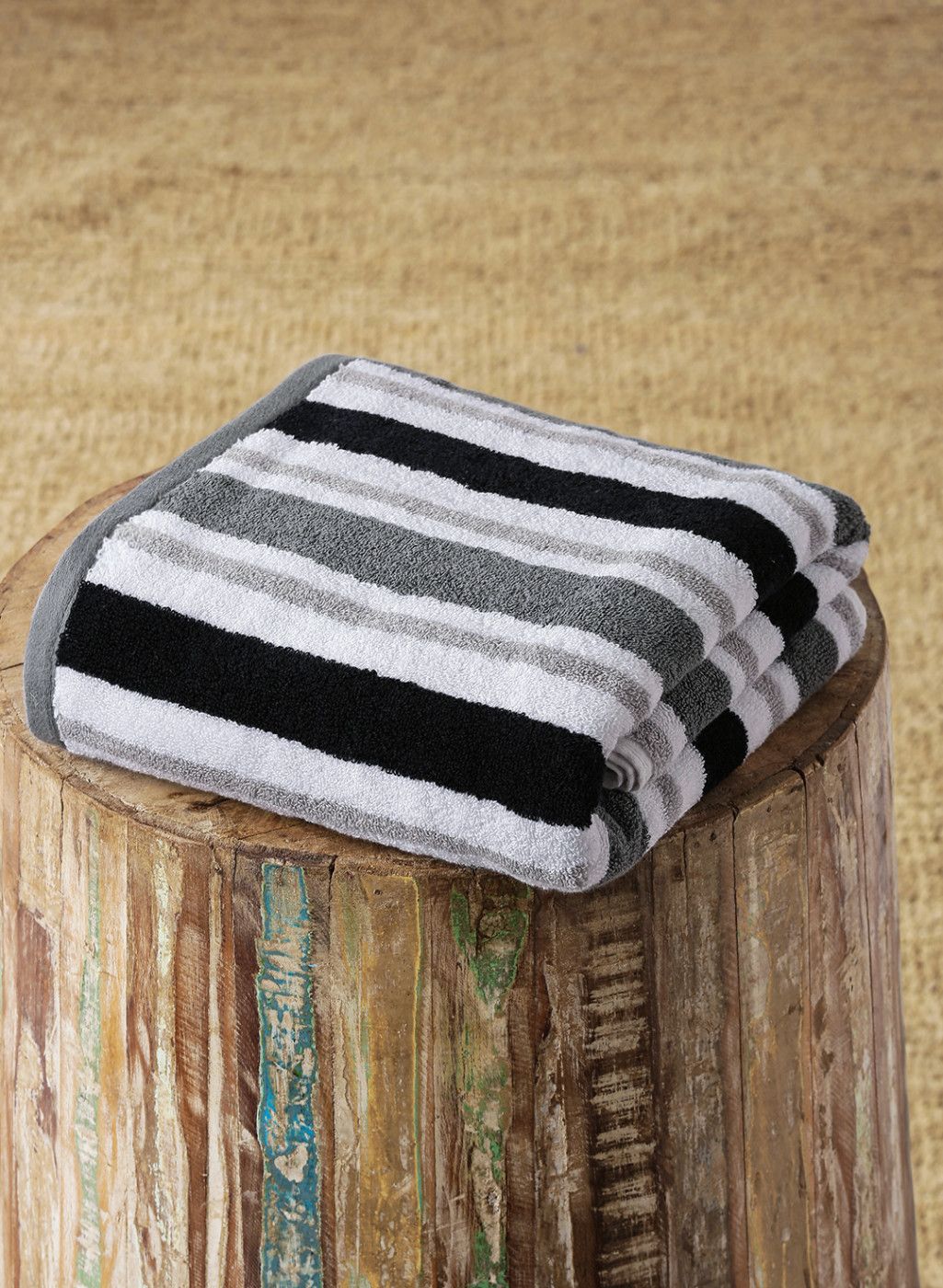Aura Black & Grey Striped Cotton 450 GSM Bath Towel