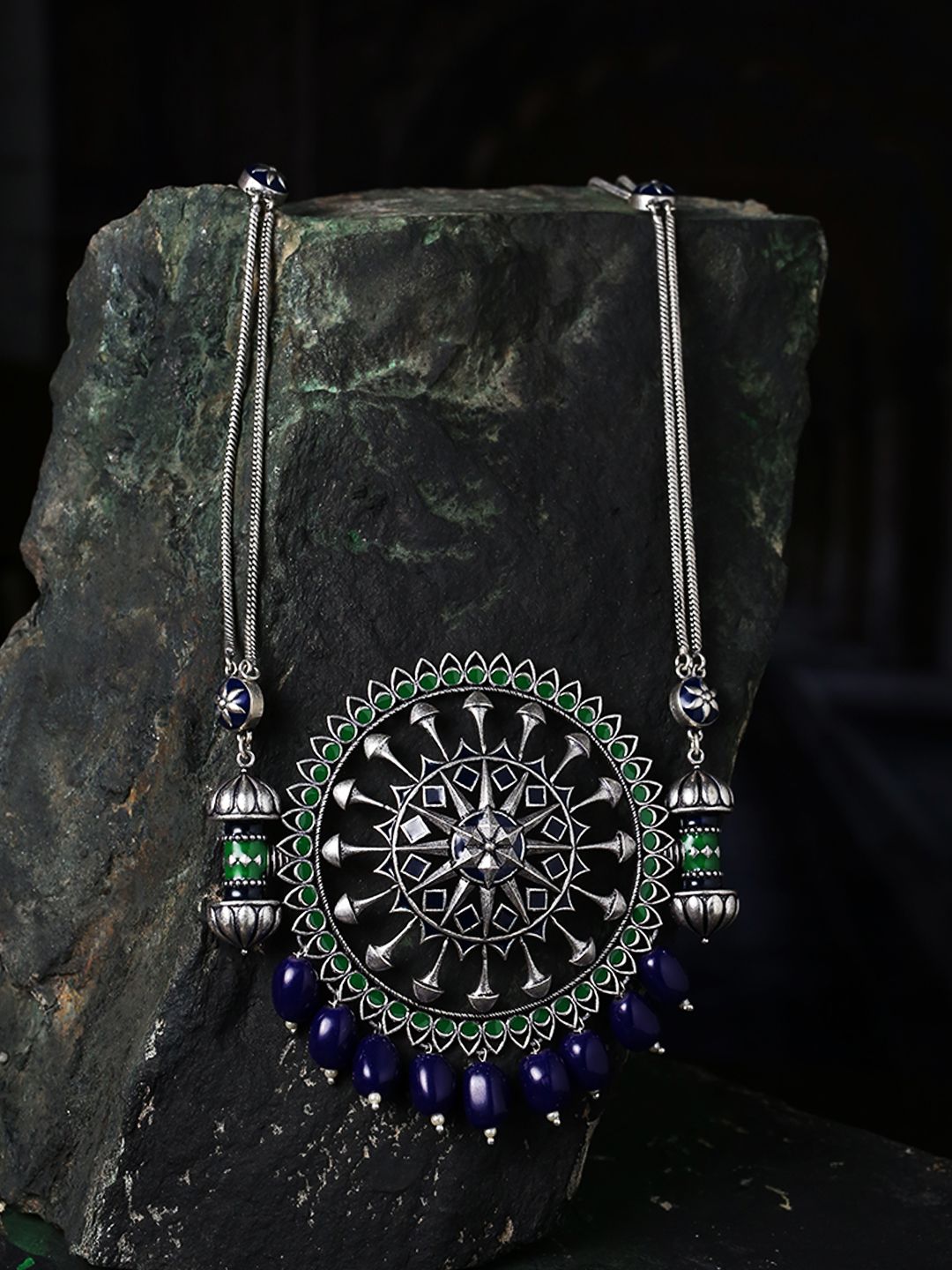 Studio Voylla Blue & Green Brass Silver-Plated Oxidised Necklace Price in India