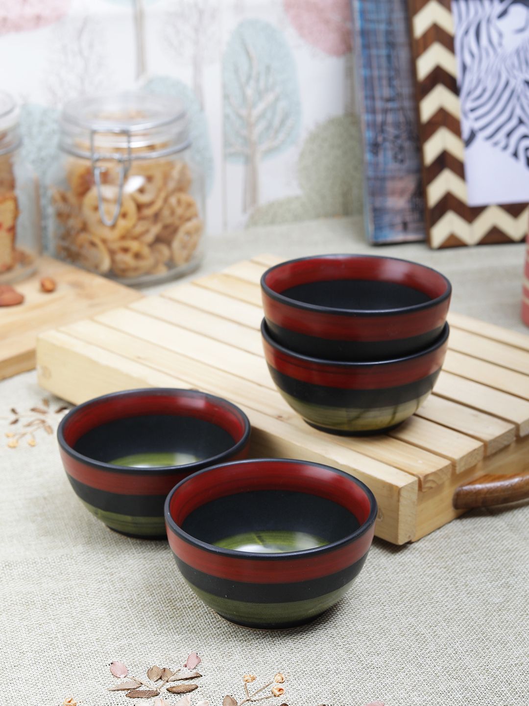 VarEesha Set of 4 Green & Red Hand-Painted Ceramic Bowls Price in India