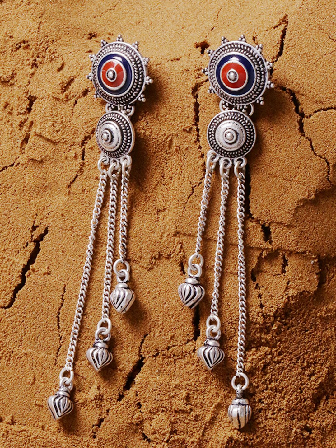 Voylla Silver-Toned & Multicoloured Contemporary Drop Earrings Price in India