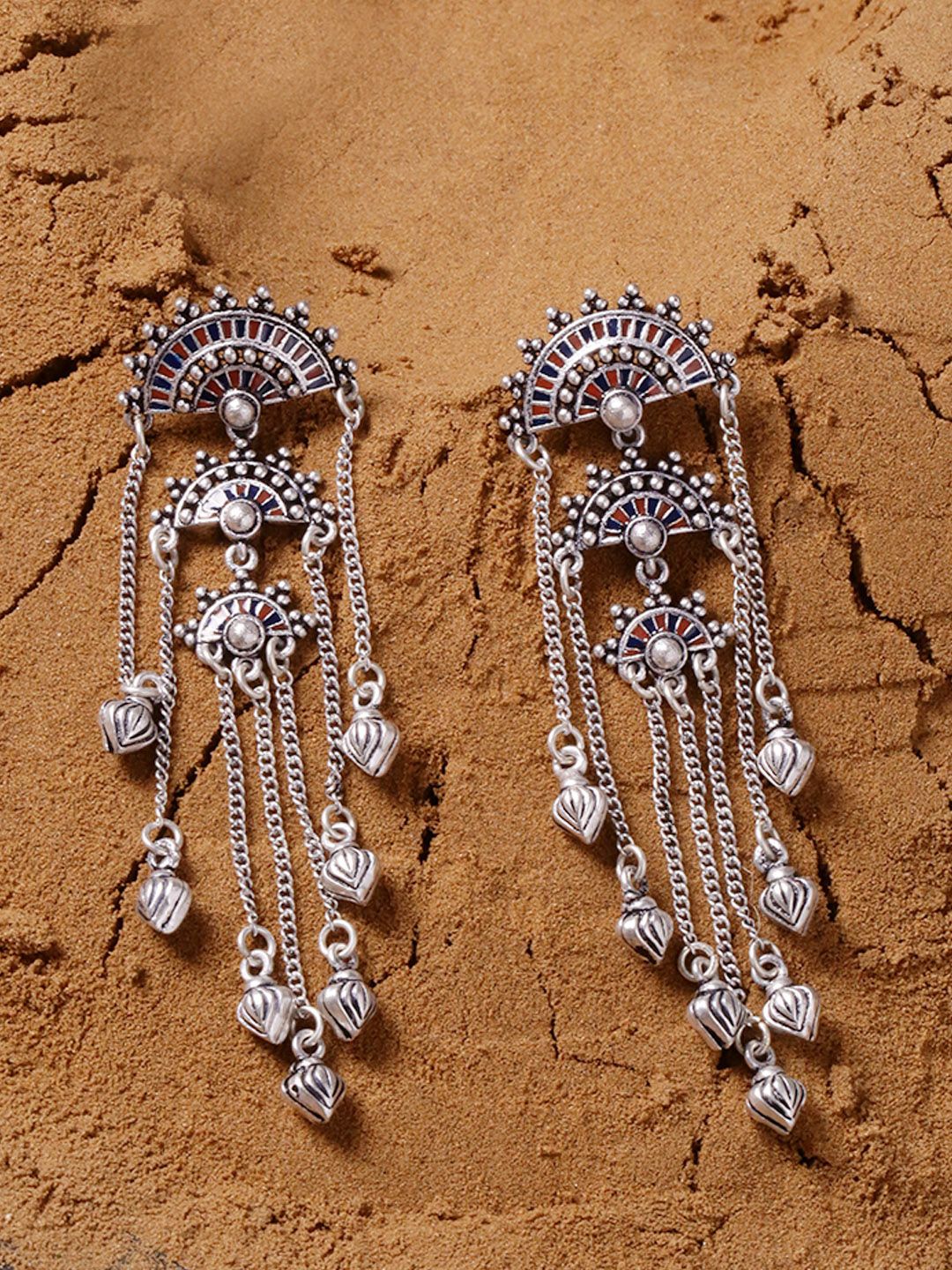 Voylla Silver-Plated Oxidised Contemporary Drop Earrings Price in India
