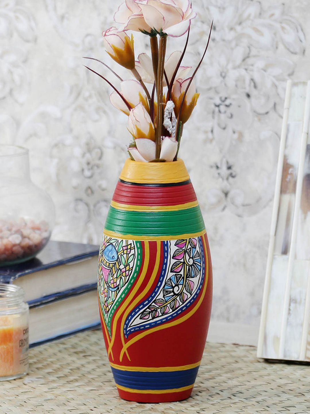 VarEesha Set of 3 Red & Multicoloured Handpainted Terracotta Vase Price in India