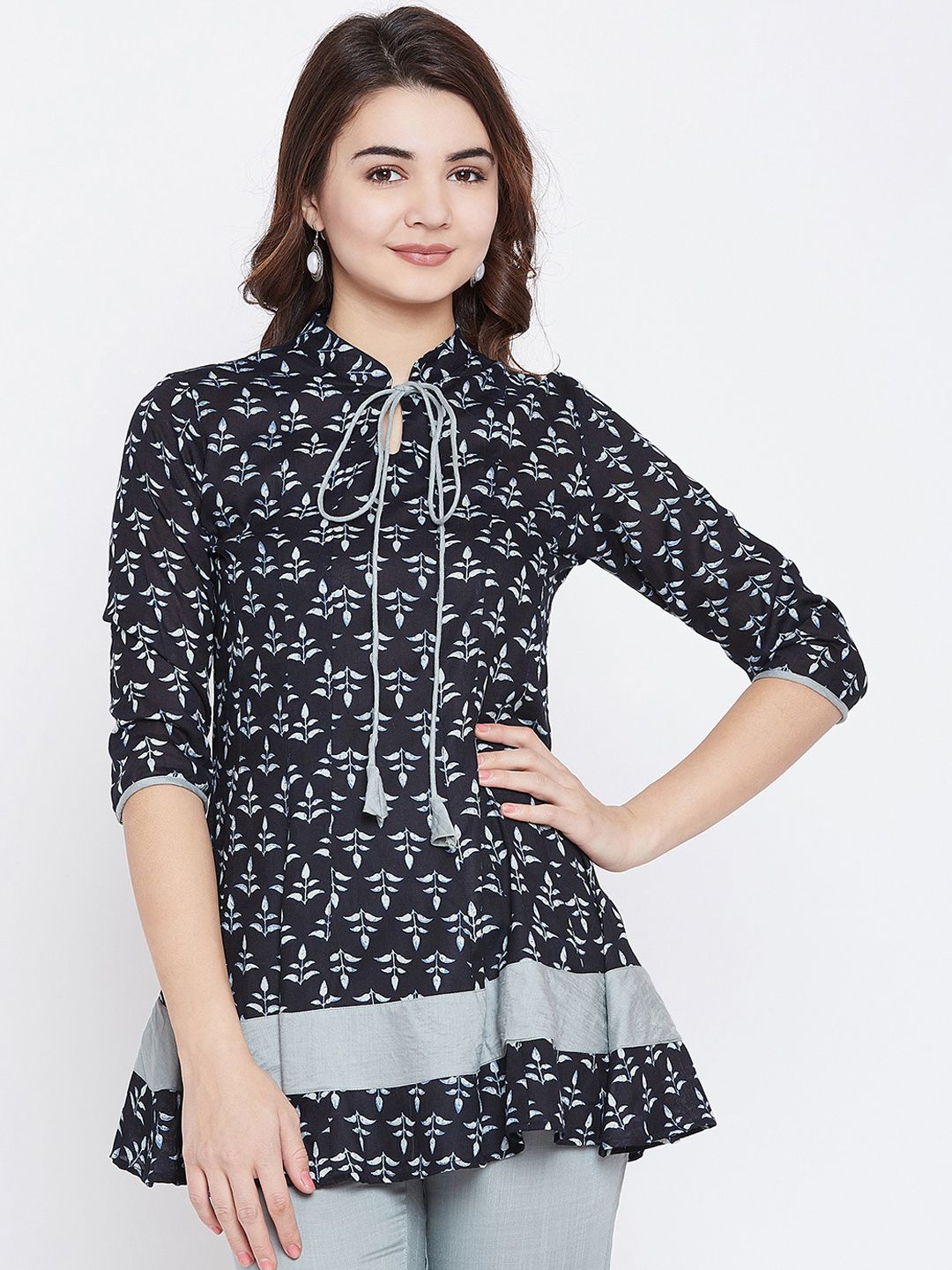 PANIT Women Navy Blue & Grey Printed Pure Cotton A-Line Pure Cotton Kurti Price in India