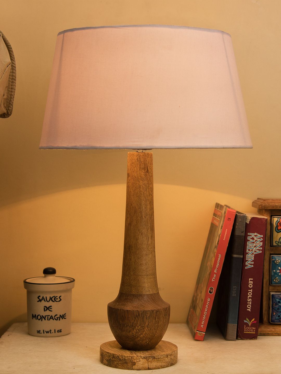 Homesake Brown & White Solid Handcrafted Bedside Standard Table Lamp with Shade Price in India
