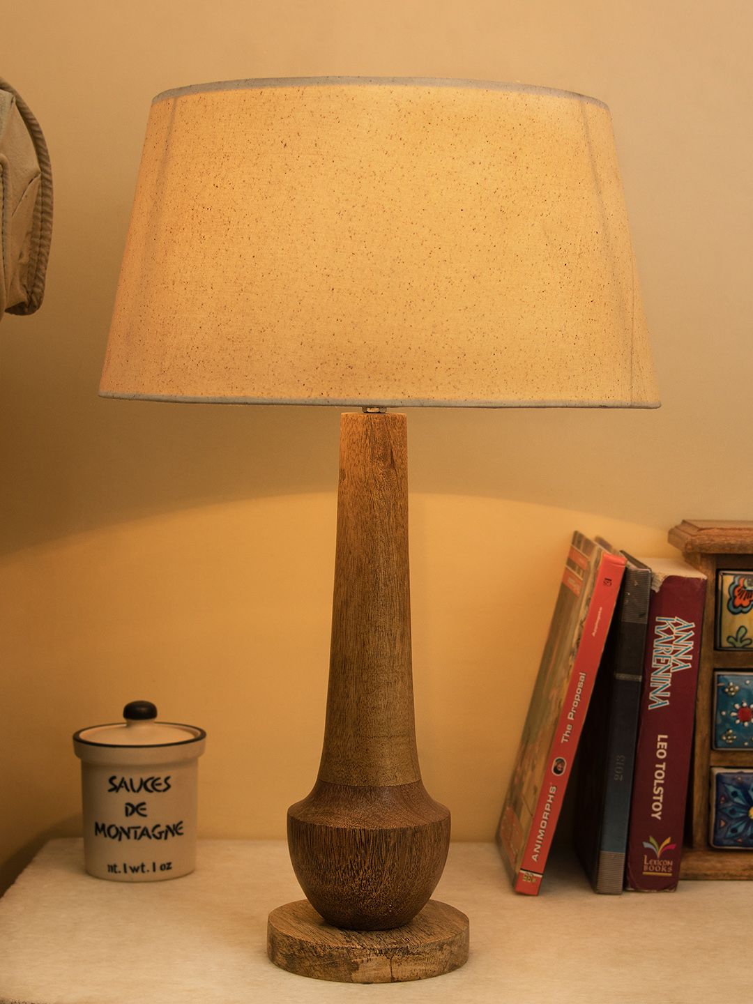 Homesake Brown & Beige Solid Classic Cubist Handcrafted Table Lamp with Shade Price in India