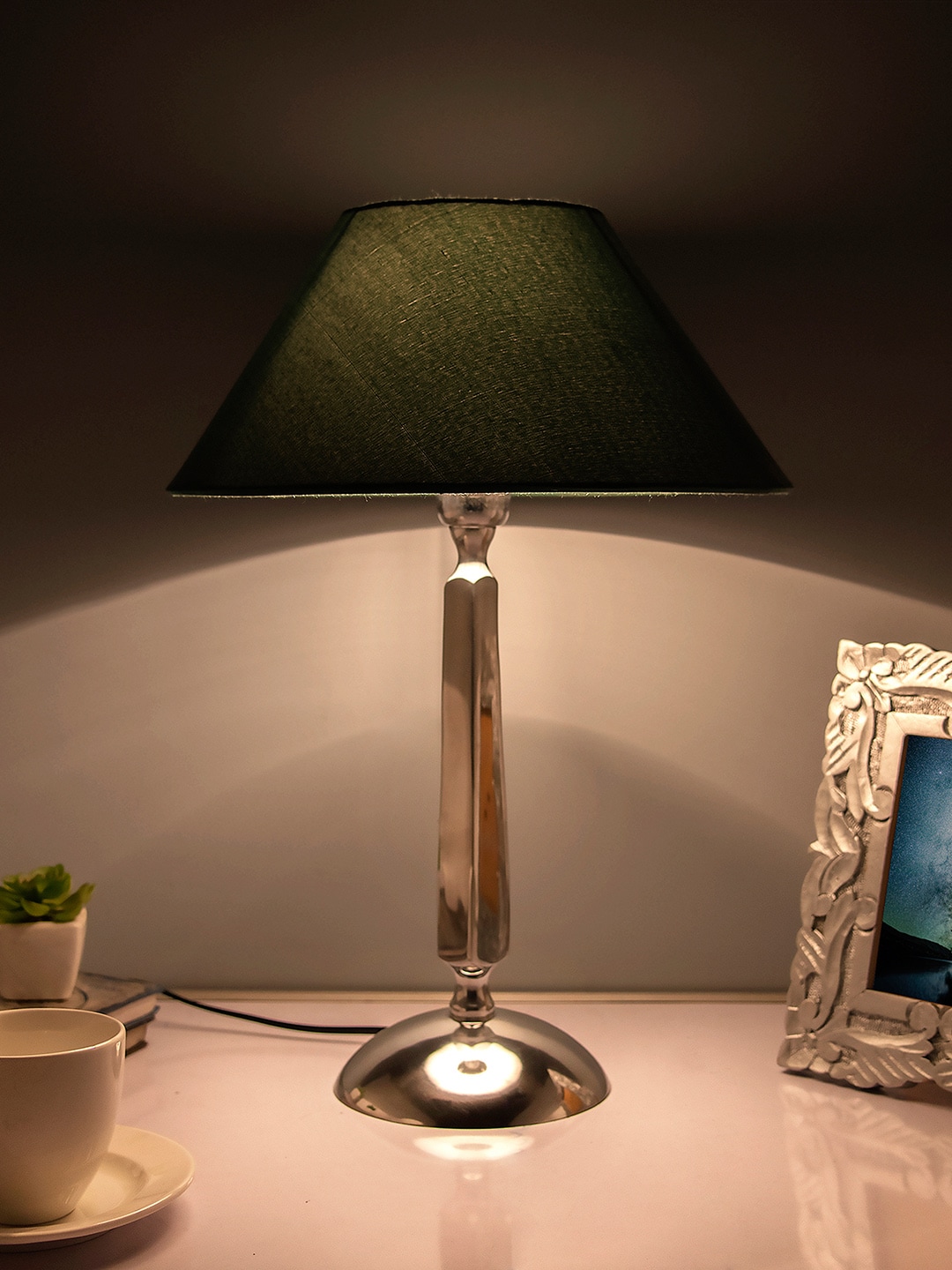 Homesake Silver-Toned & Green Solid Handcrafted Bedside Standard Table Lamp with Shade Price in India