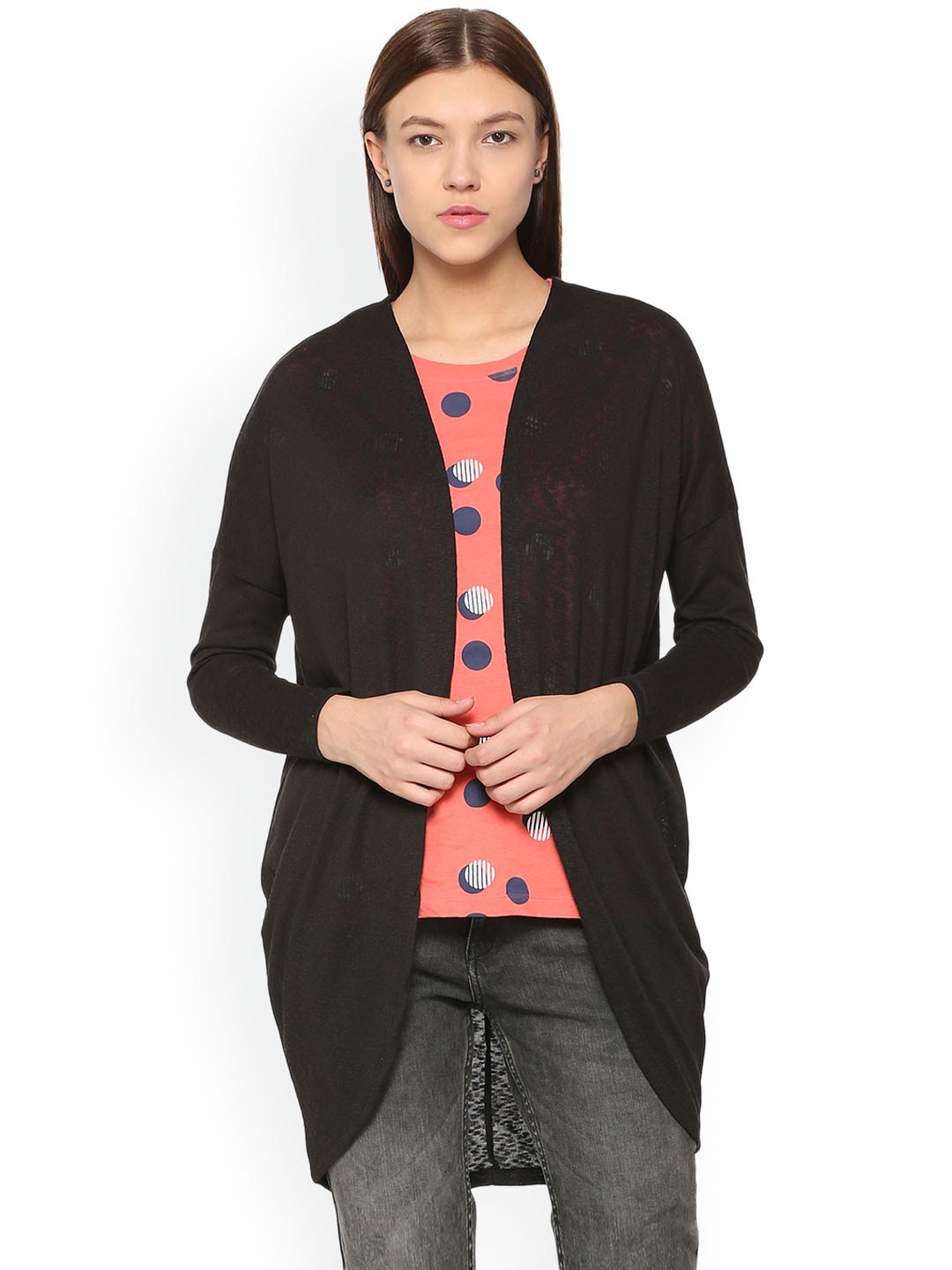 People Women Black Solid Open Front Shrug Price in India