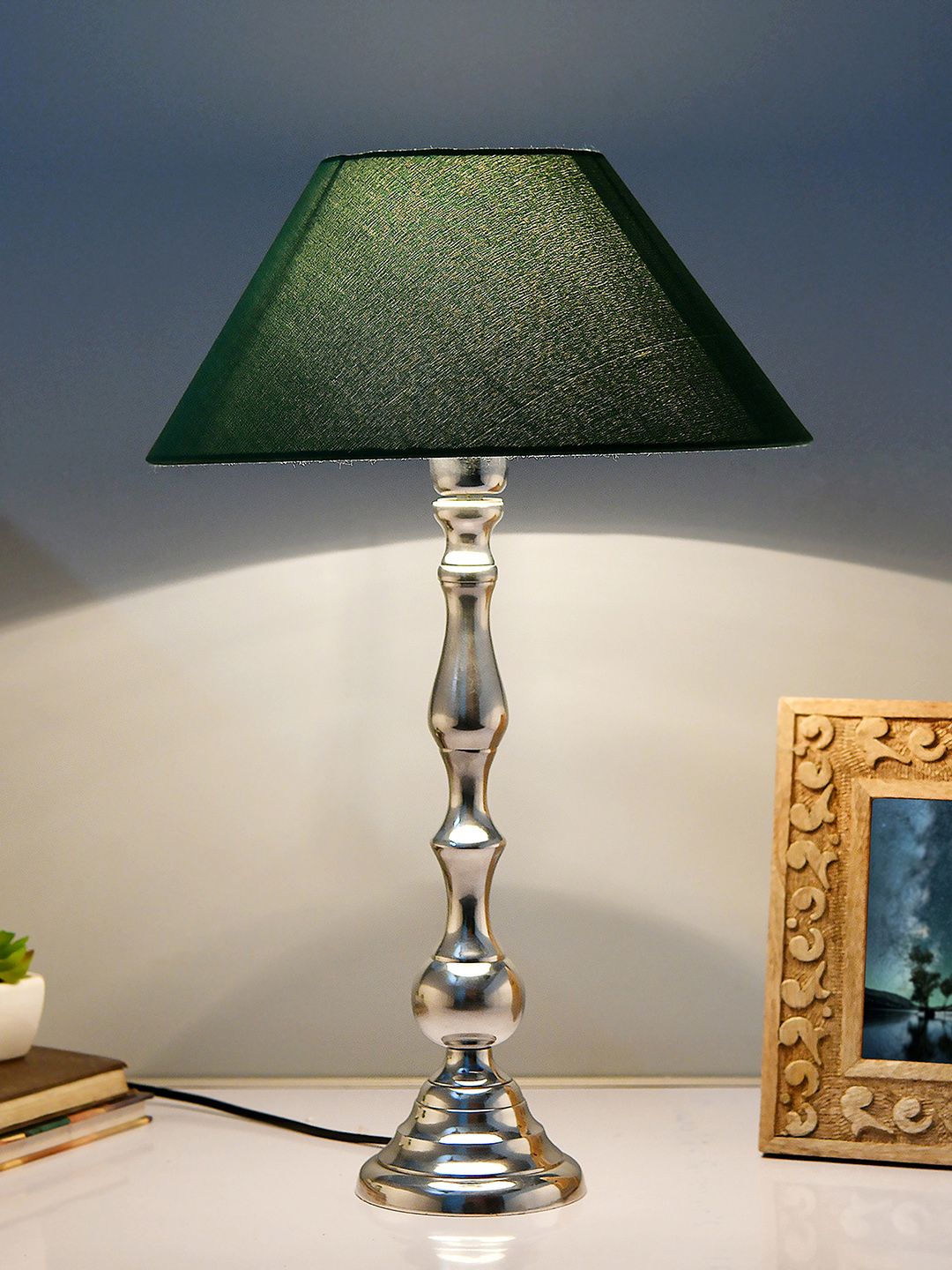 Homesake Silver-Toned Solid Teardrop Chrome Handcrafted Table Lamp with Shade Price in India