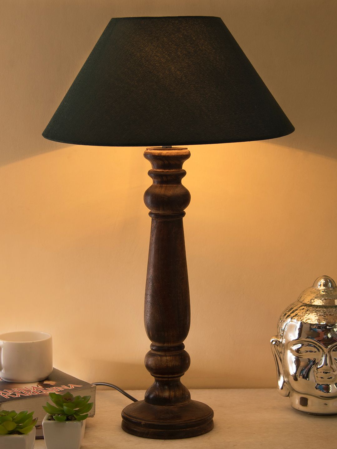 Homesake Brown & Green Solid Mabel Antique Handcrafted Table Lamp with Shade Price in India