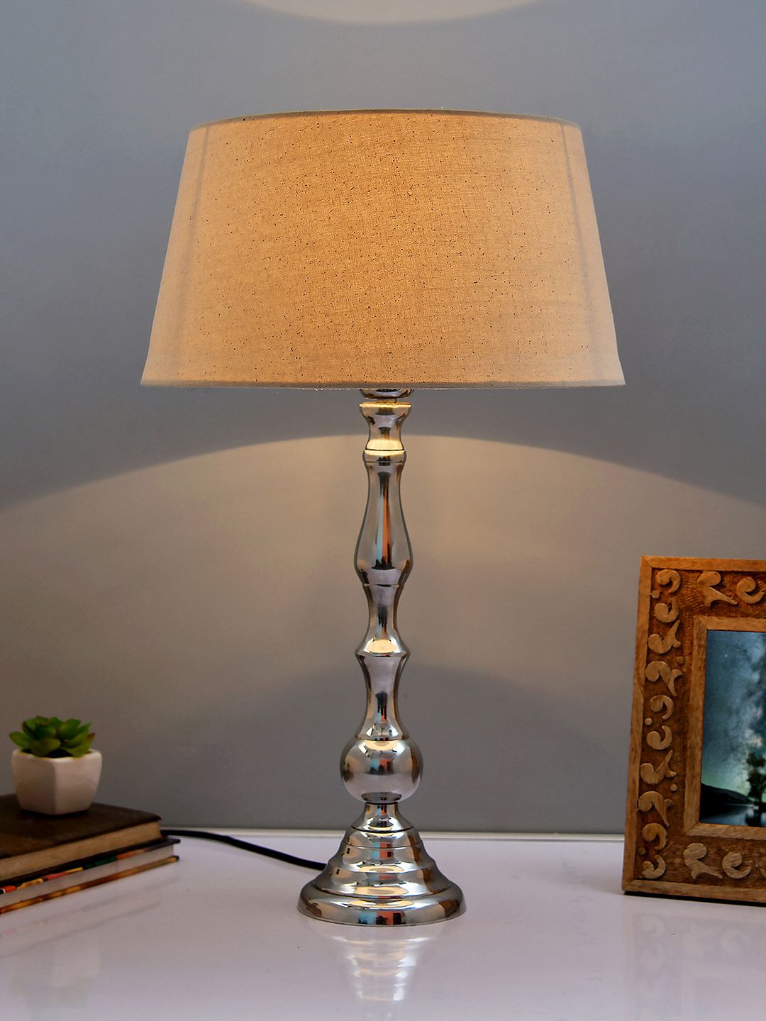 Homesake Silver-Toned Solid Bedside Standard Table Lamp with Shade Price in India