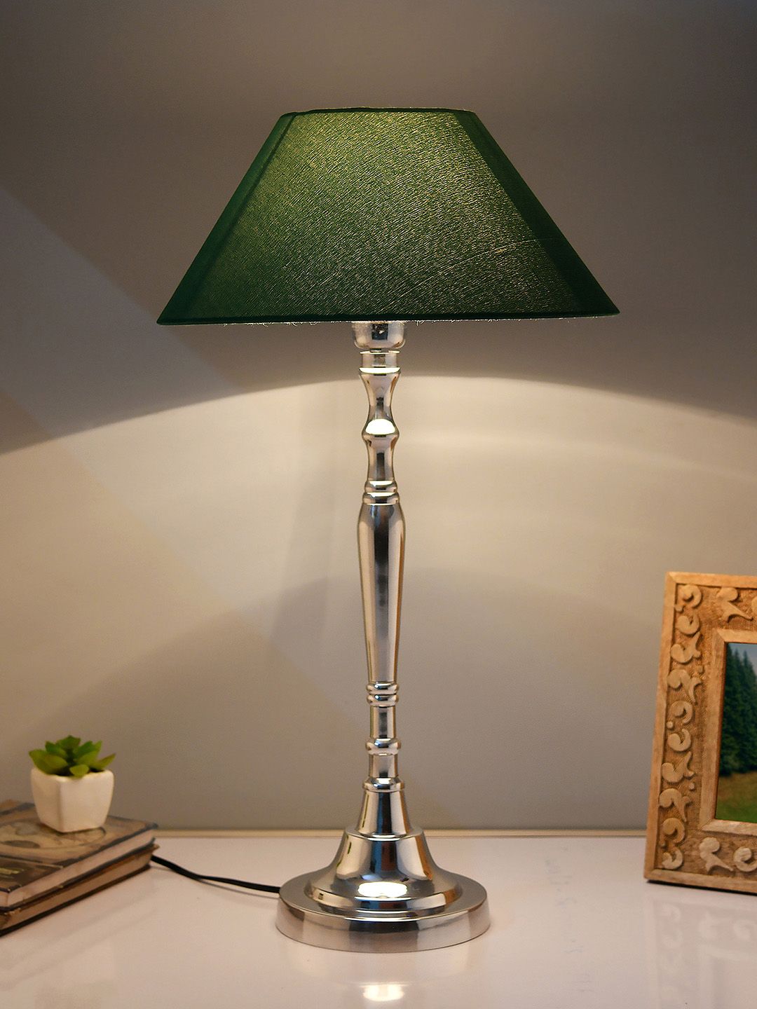 Homesake Silver-Toned & Green Solid Handcrafted Buffet Table Lamp with Shade Price in India