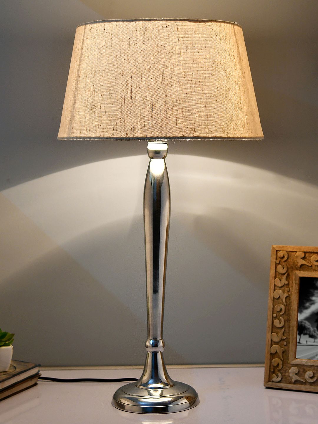Homesake Silver-Toned & Bronze-Toned Solid Handcrafted Table Lamp with Shade Price in India