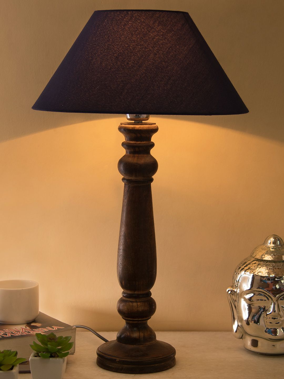 Homesake Navy Blue Solid Handcrafted Bedside Standard Table Lamp with Shade Price in India