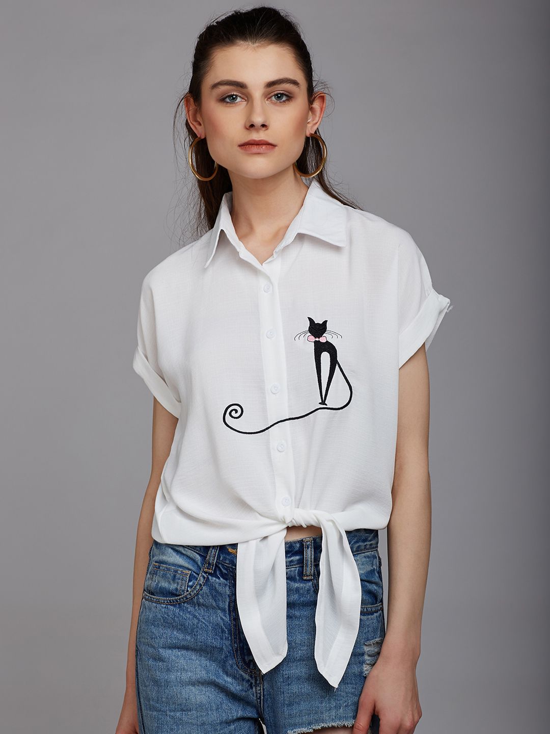 Berrylush Women White Casual Shirt with Embroidered Detail Price in India