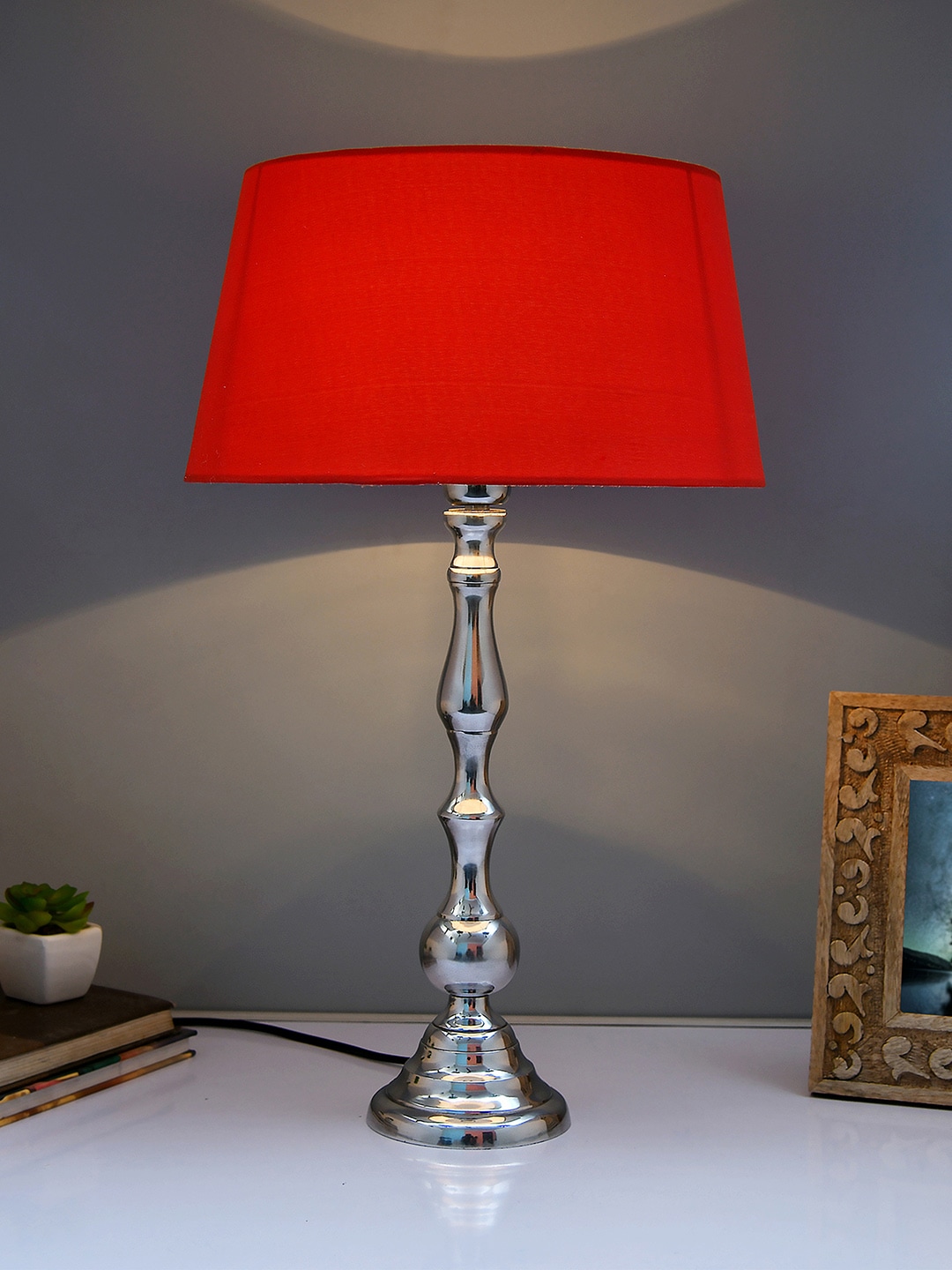 Homesake Silver-Toned & Red Solid Handcrafted Bedside Standard Lamp with Shade Price in India