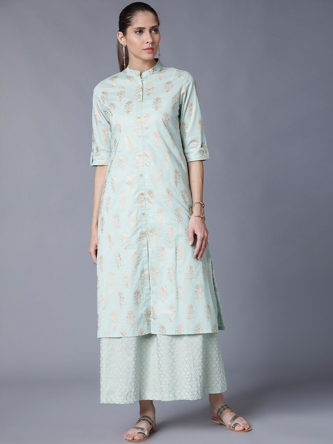 Vishudh Women Turquoise Blue & Gold-Toned Printed Kurta with Palazzos Price in India