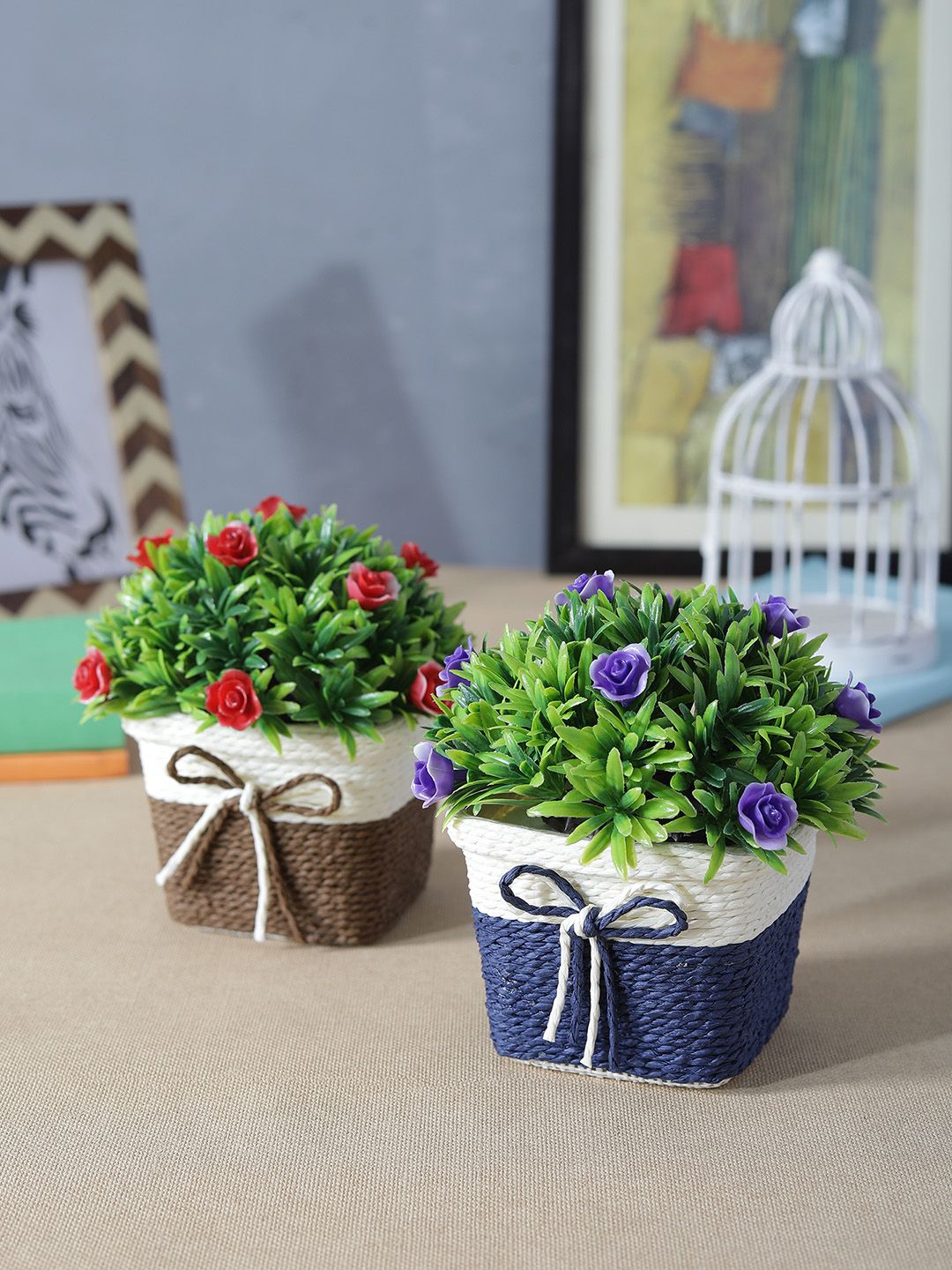 FOLIYAJ Set of 2 Artificial Flowering Plants with Pots Price in India