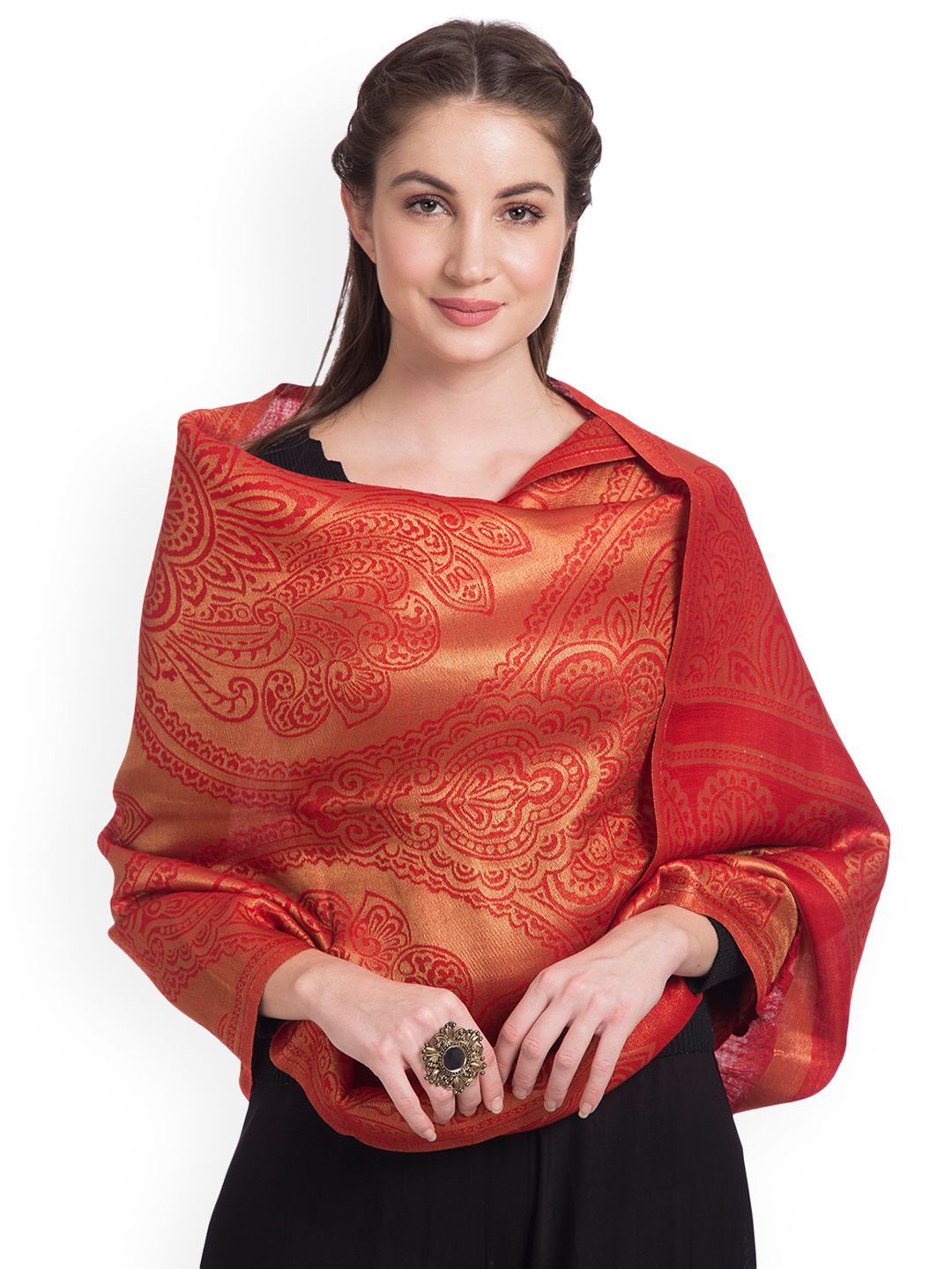 SHINGORA Women Orange & Gold-Coloured Woven Design Stole Price in India