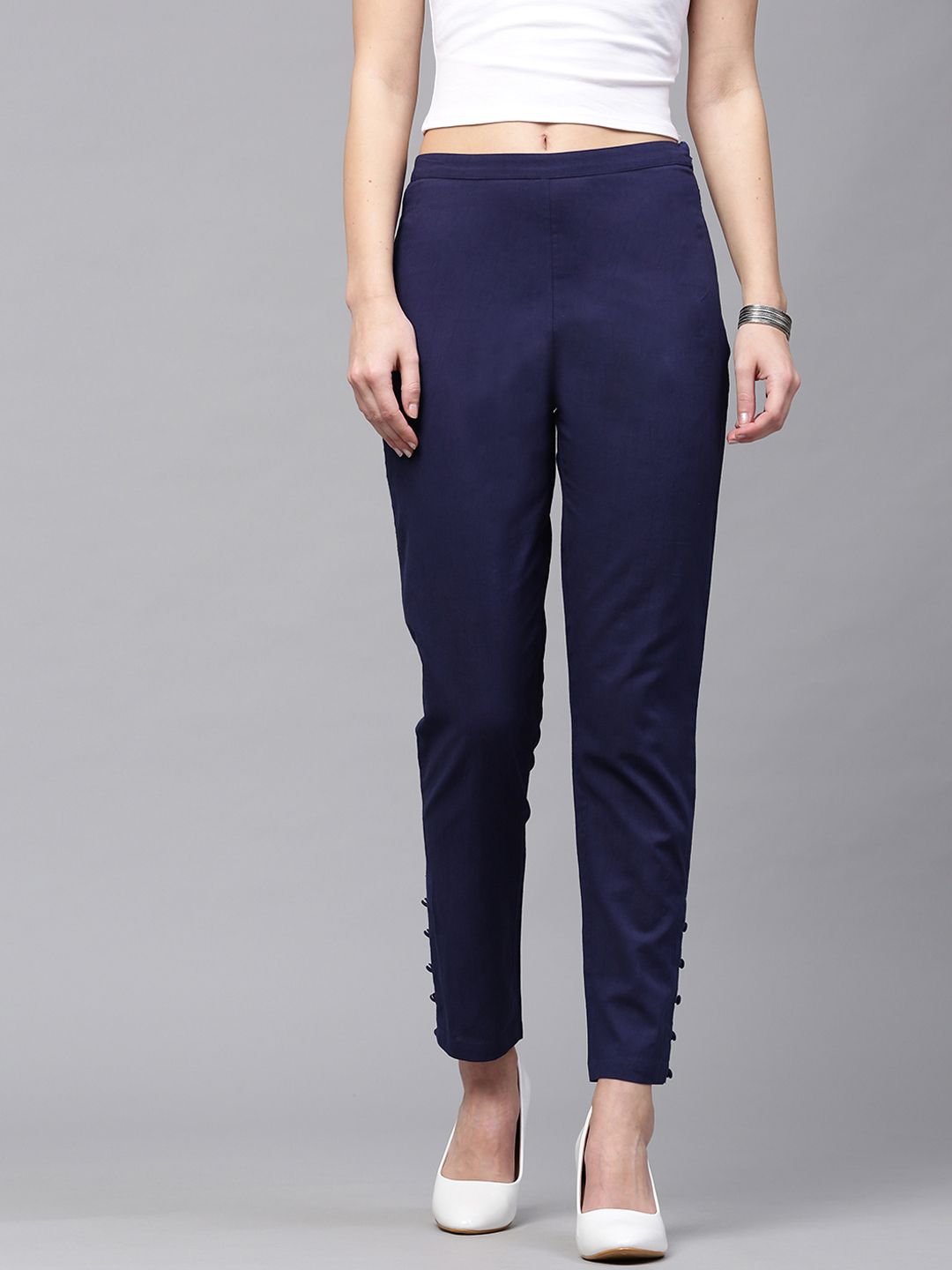SASSAFRAS Women Navy Blue Slim Fit Solid Semi-Sheer Trousers Price in India