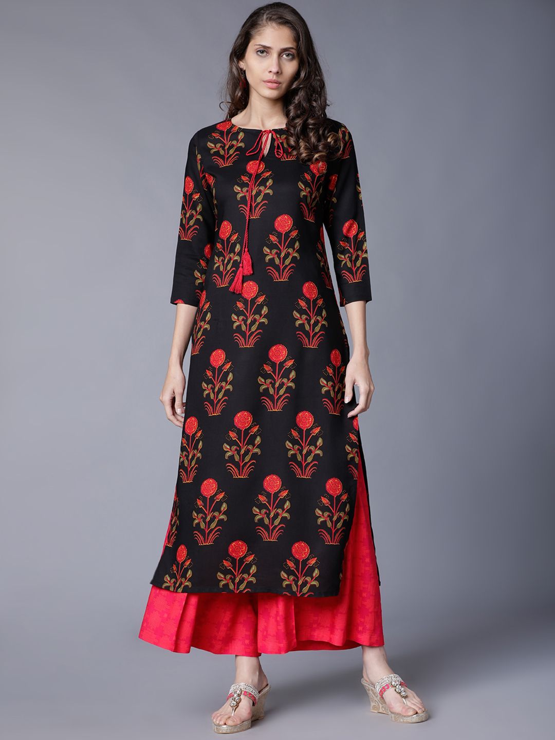 Vishudh Women Black & Orange Printed Kurti with Palazzos