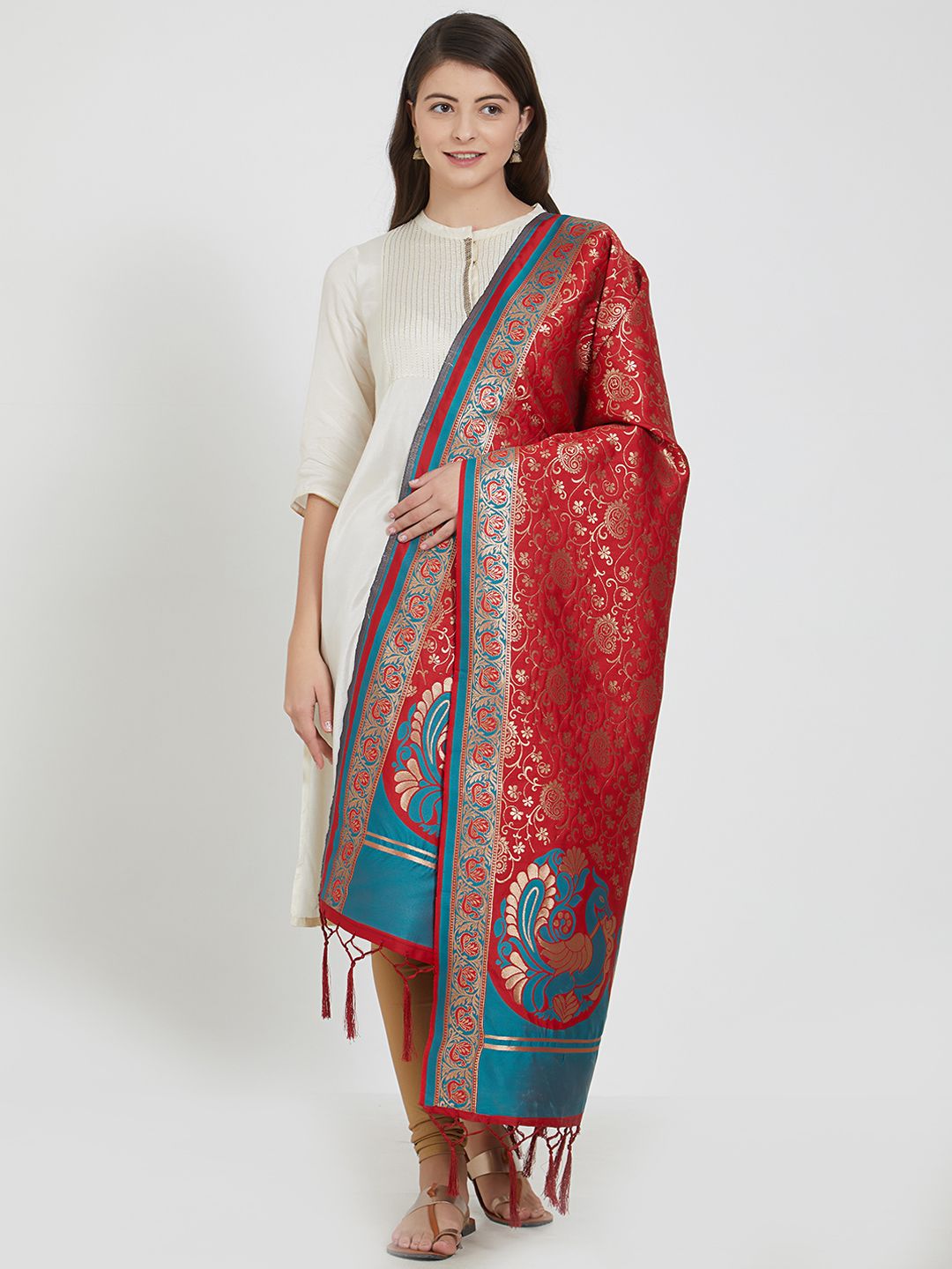 Faserz Red Woven Design Banarasi Dupatta