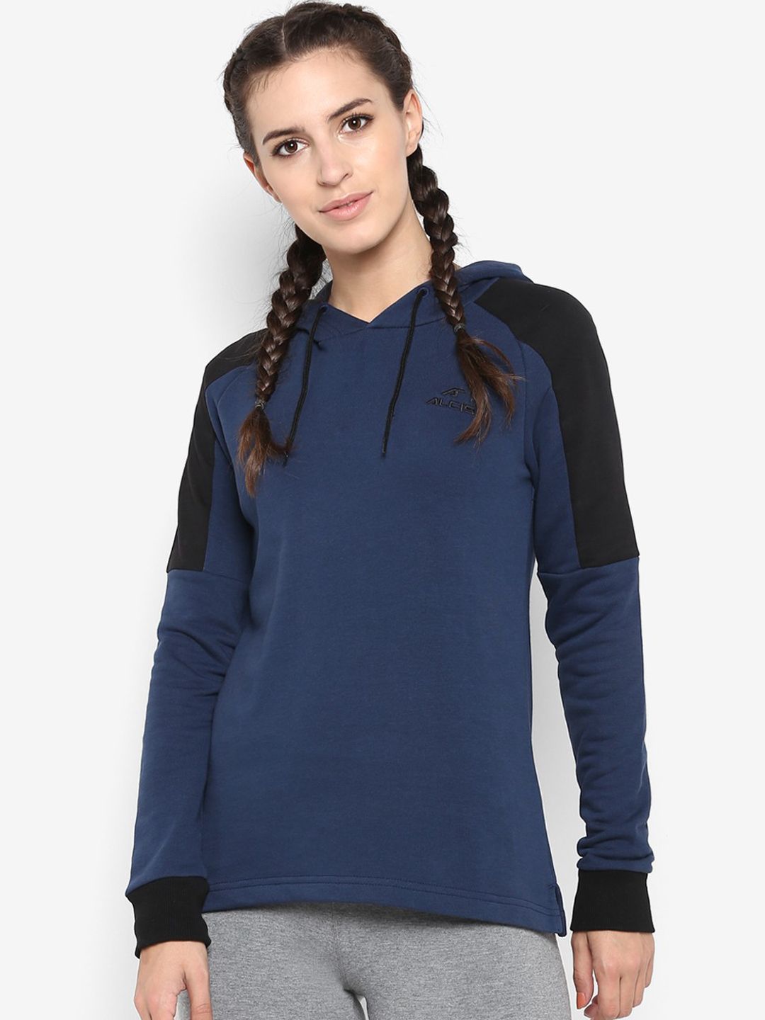 Alcis Women Blue & Black Colourblocked Hooded Sweatshirt Price in India