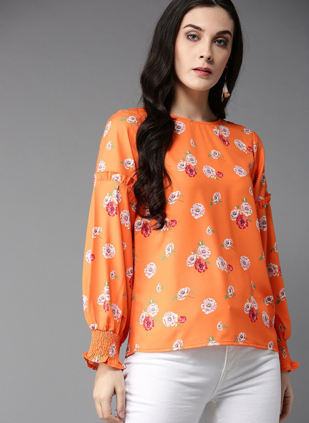 Moda Rapido Orange & Off-White Printed Regular Top