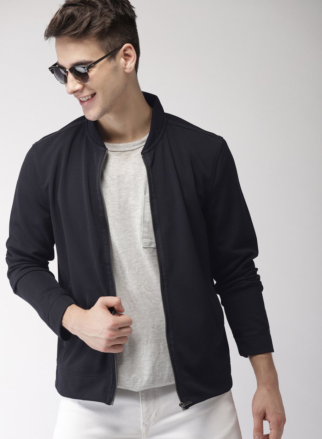 Mast & Harbour Navy Blue Self Design Tailored Jacket