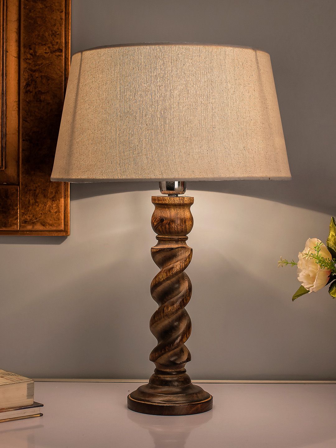 Homesake Beige Solid Handcrafted Bedside Standard Table Lamp with Shade Price in India