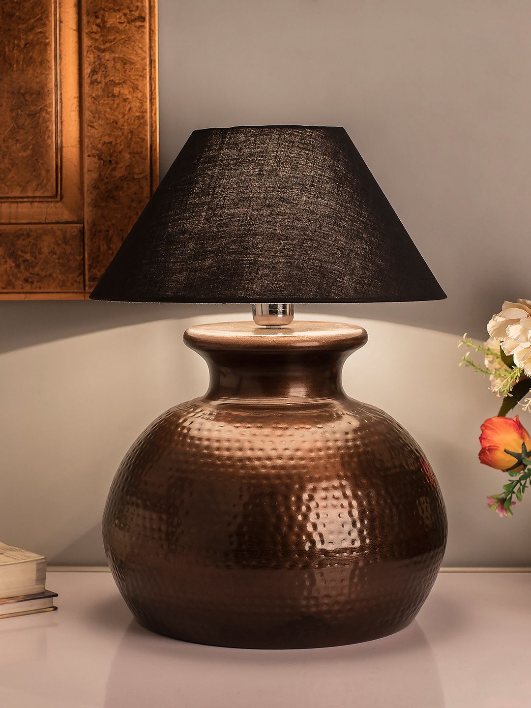 Homesake Copper-Toned & Blue Textured Handcrafted Bedside Standard Table Lamp with Shade Price in India
