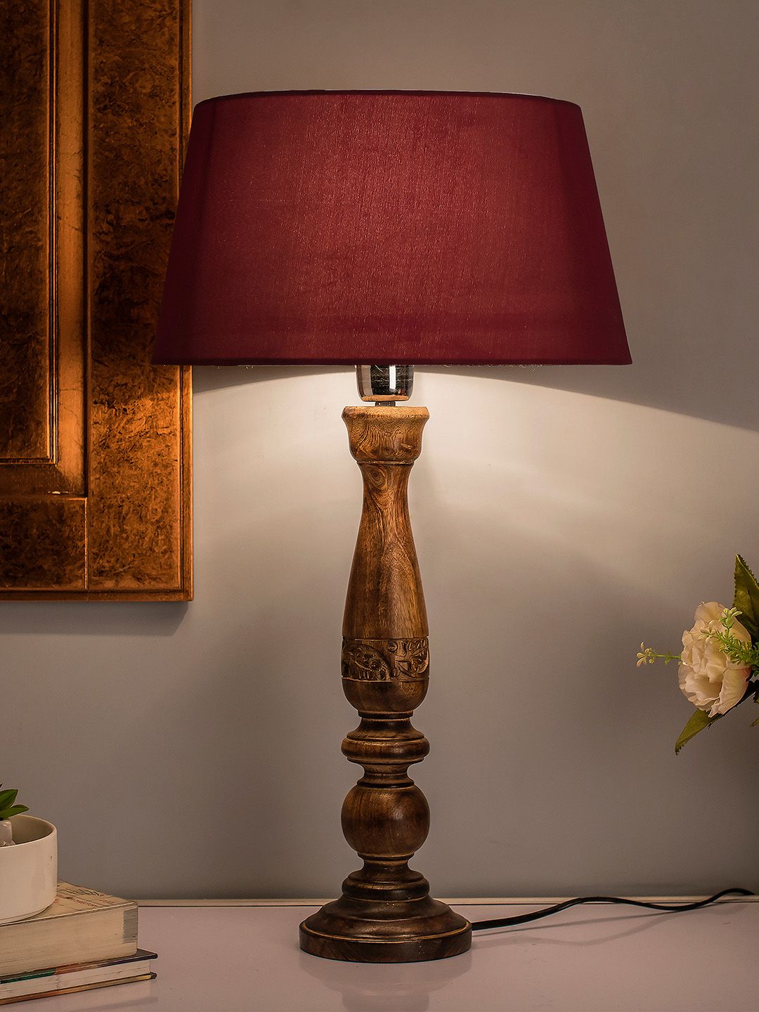 Homesake Brown Solid Handcrafted Bedside Standard Table Lamp with Shade Price in India