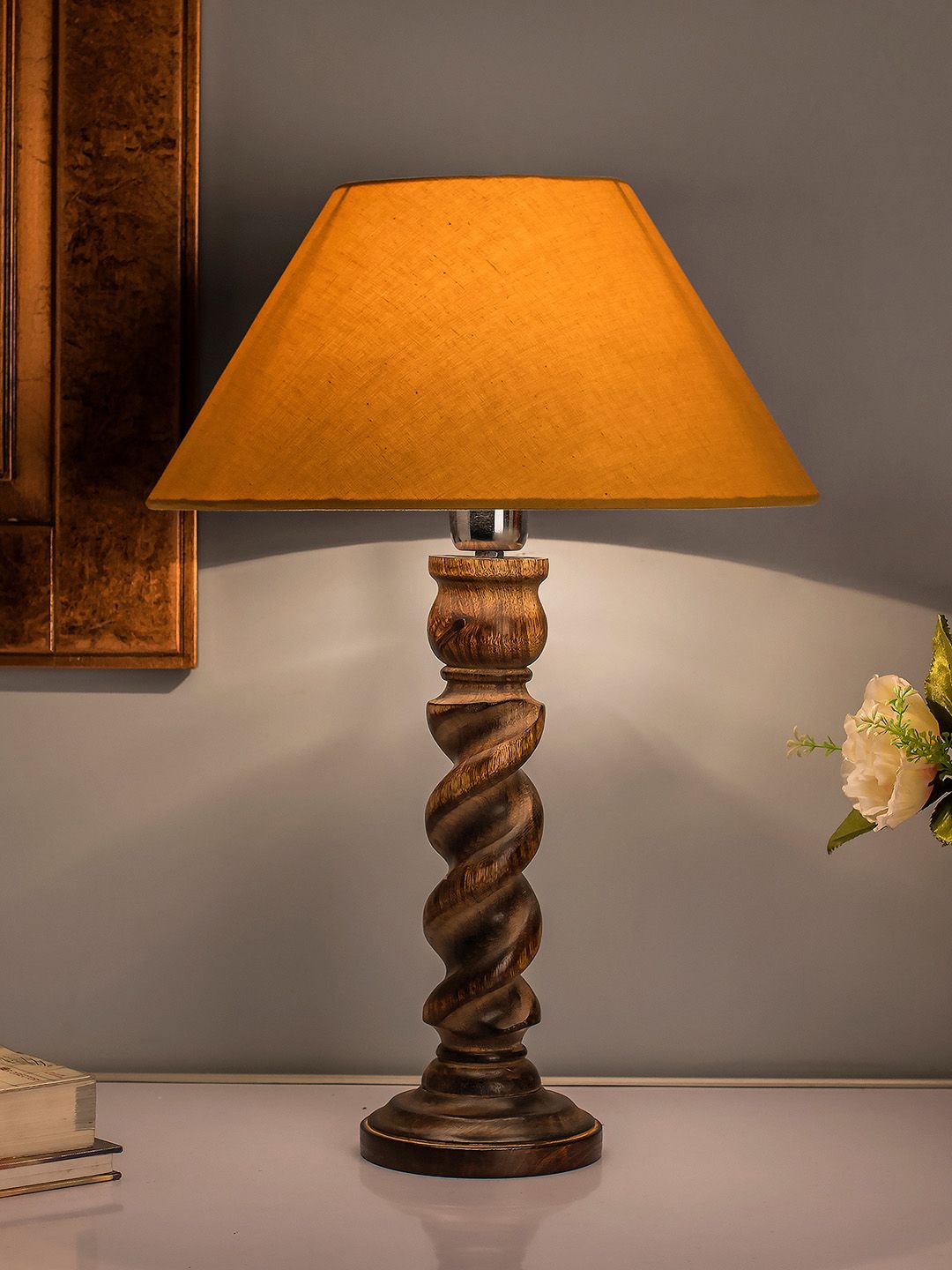 Homesake Beige Solid Handcrafted Bedside Standard Table Lamp with Shade Price in India