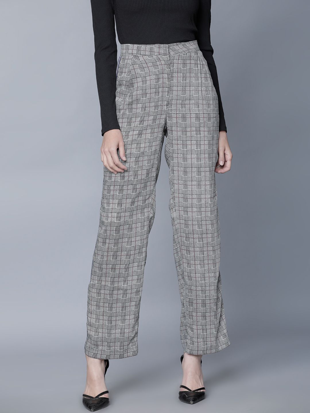 Tokyo Talkies Women Grey Wide Leg Checked Palazzos
