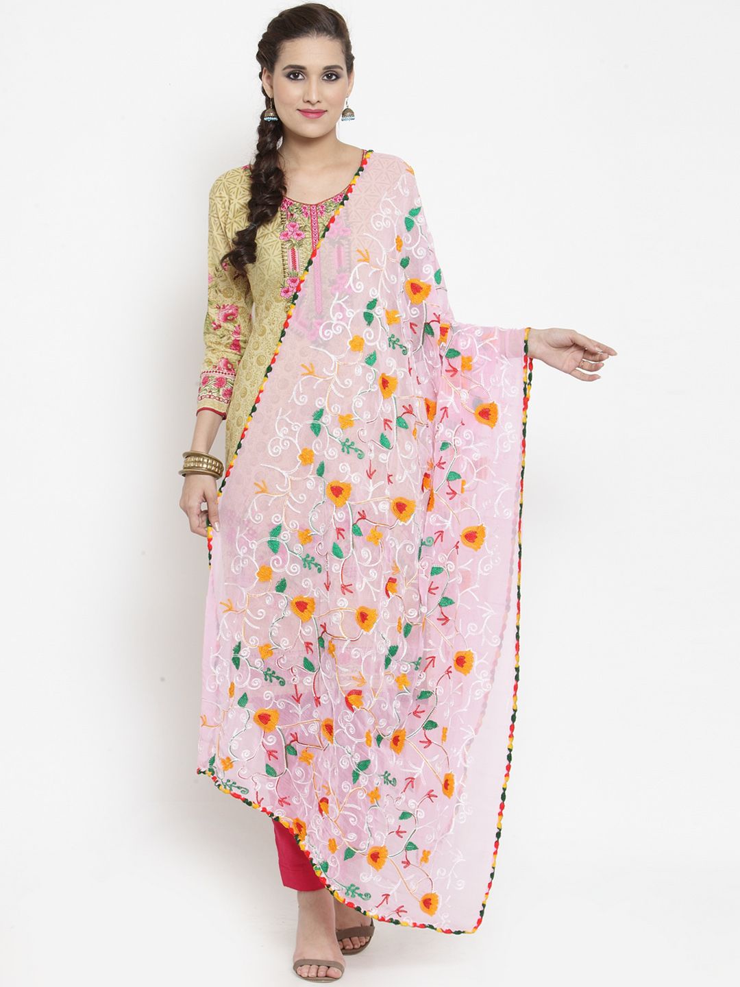mf Pink Embroidered Dupatta Price in India