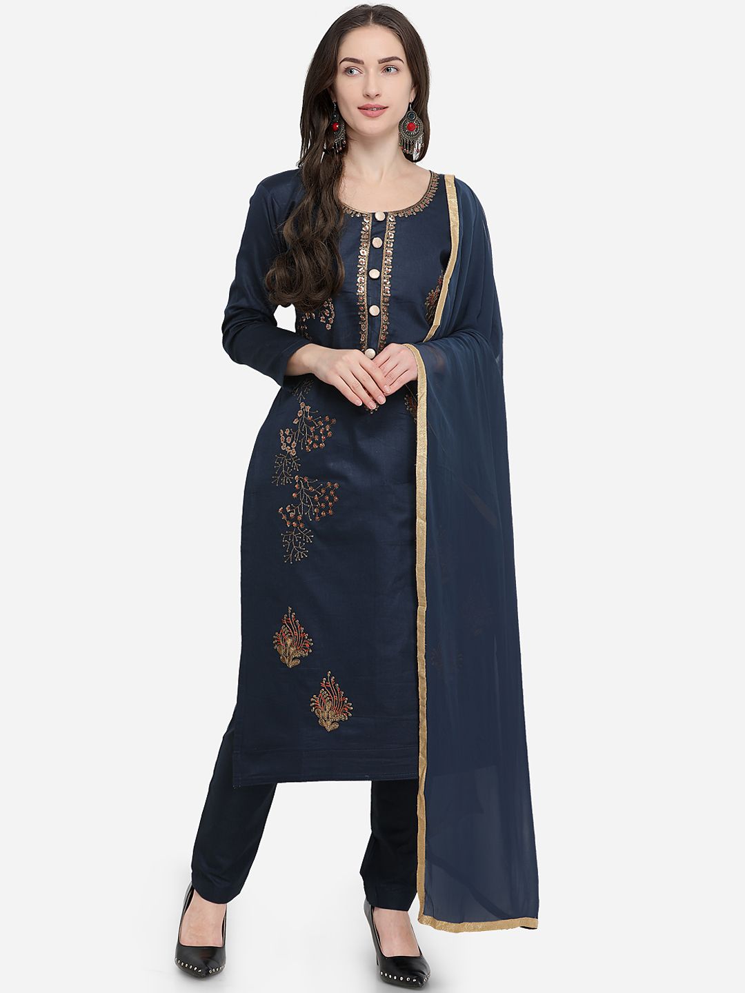mf Navy Blue Pure Cotton Unstitched Dress Material Price in India