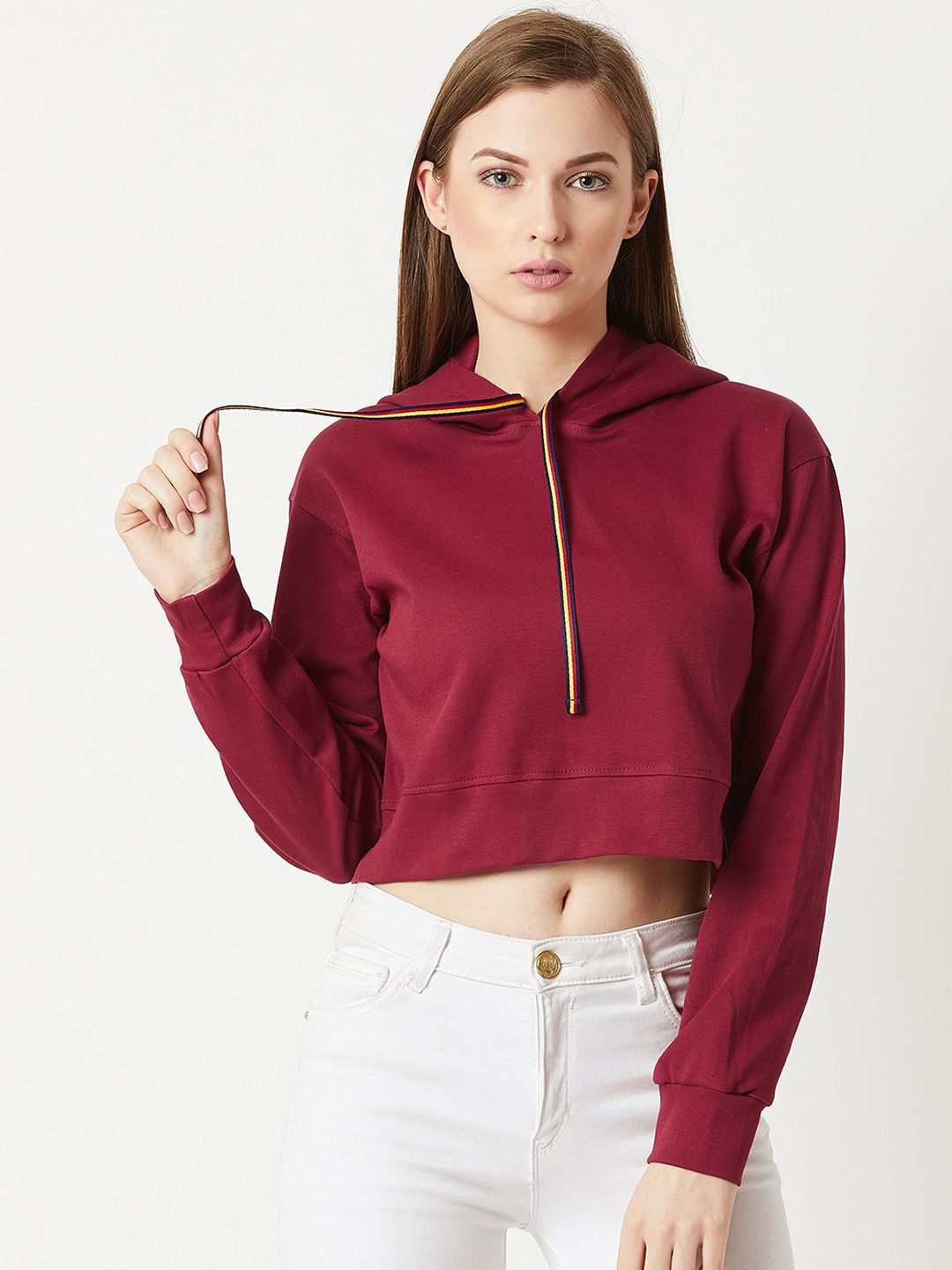 Miss Chase Women Maroon Solid Hooded Sweatshirt Price in India