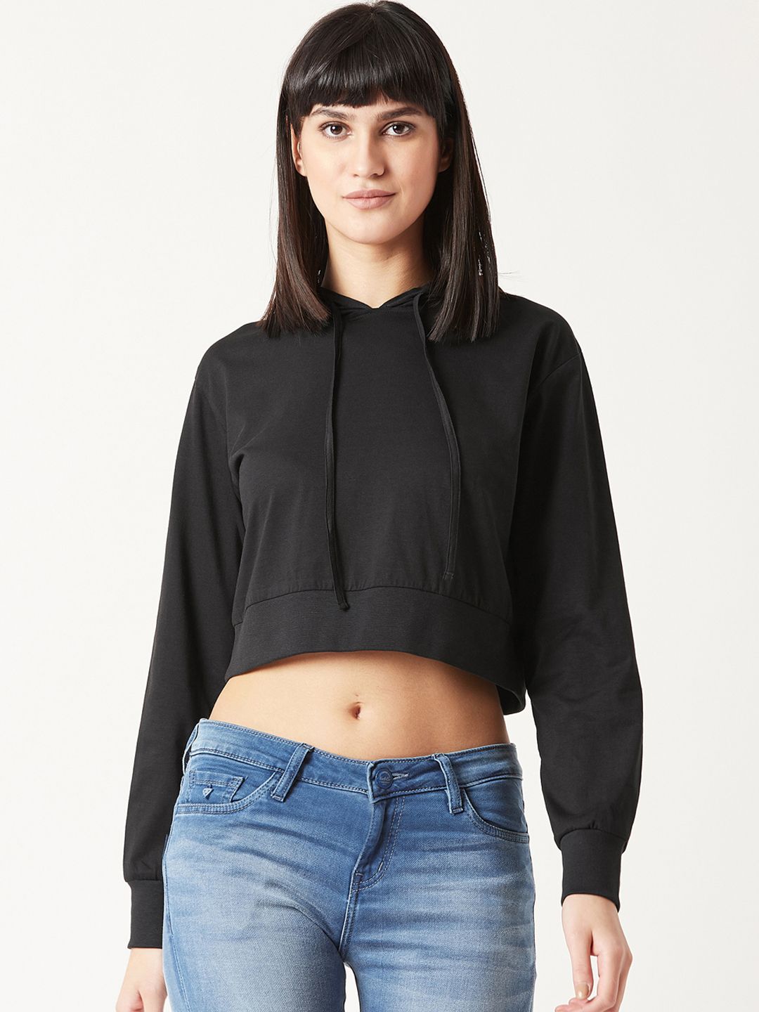 Miss Chase Women Black Solid Hooded Sweatshirt Price in India