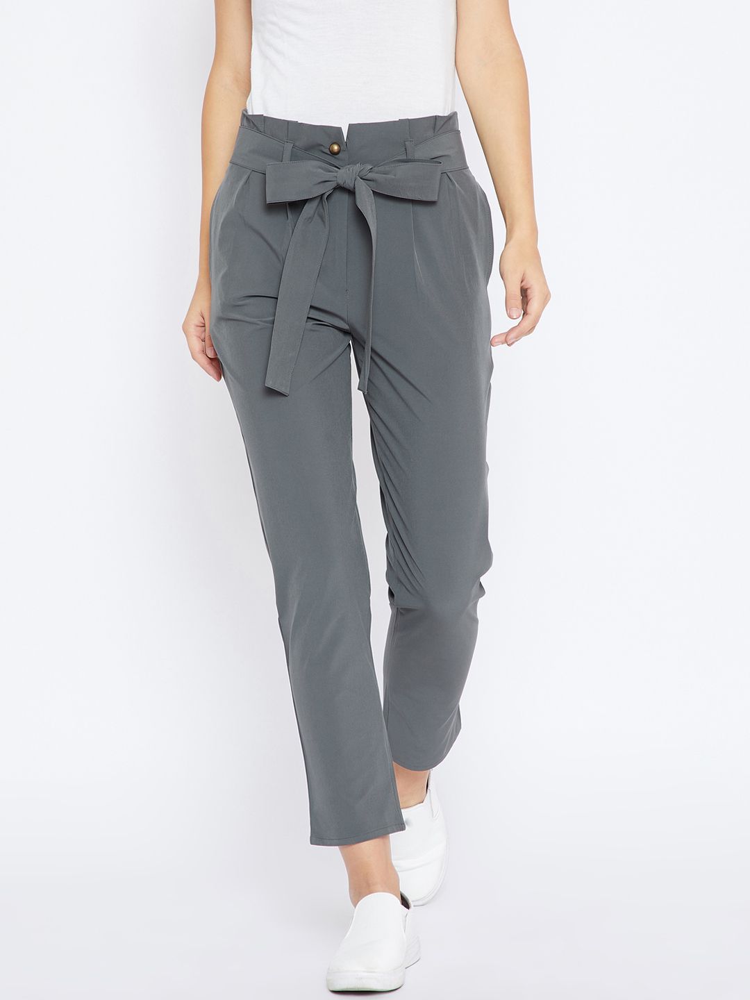 Zastraa Women Grey Straight Fit Peg Trousers Price in India
