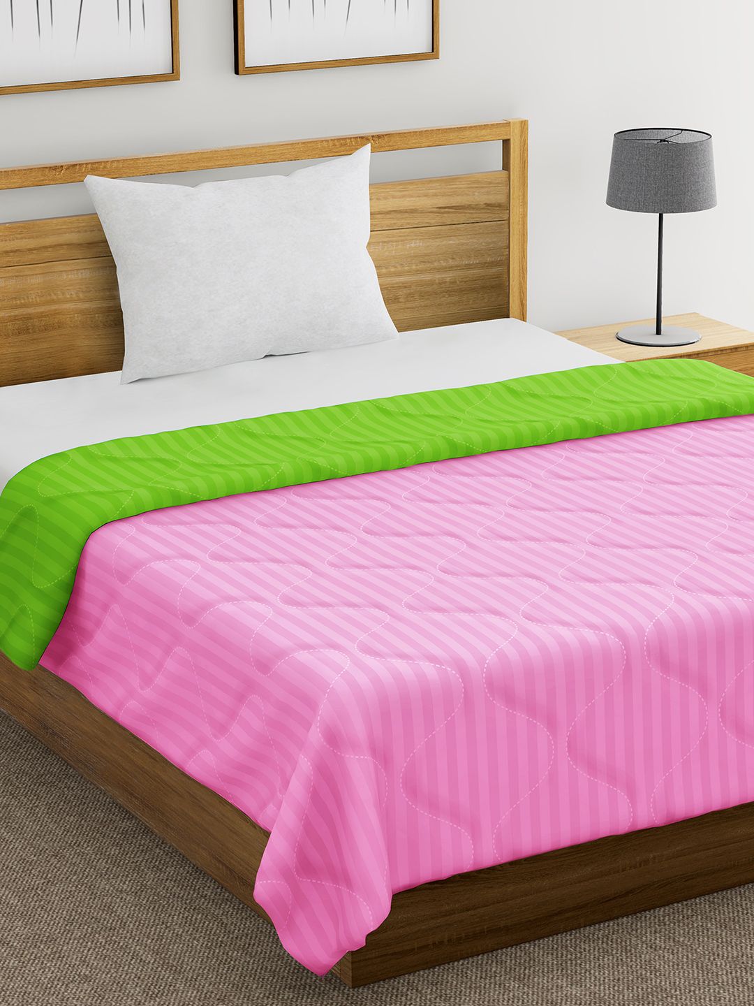 Divine Casa Pink & Green Striped Mild Winter 150 GSM Single Bed Comforter Price in India
