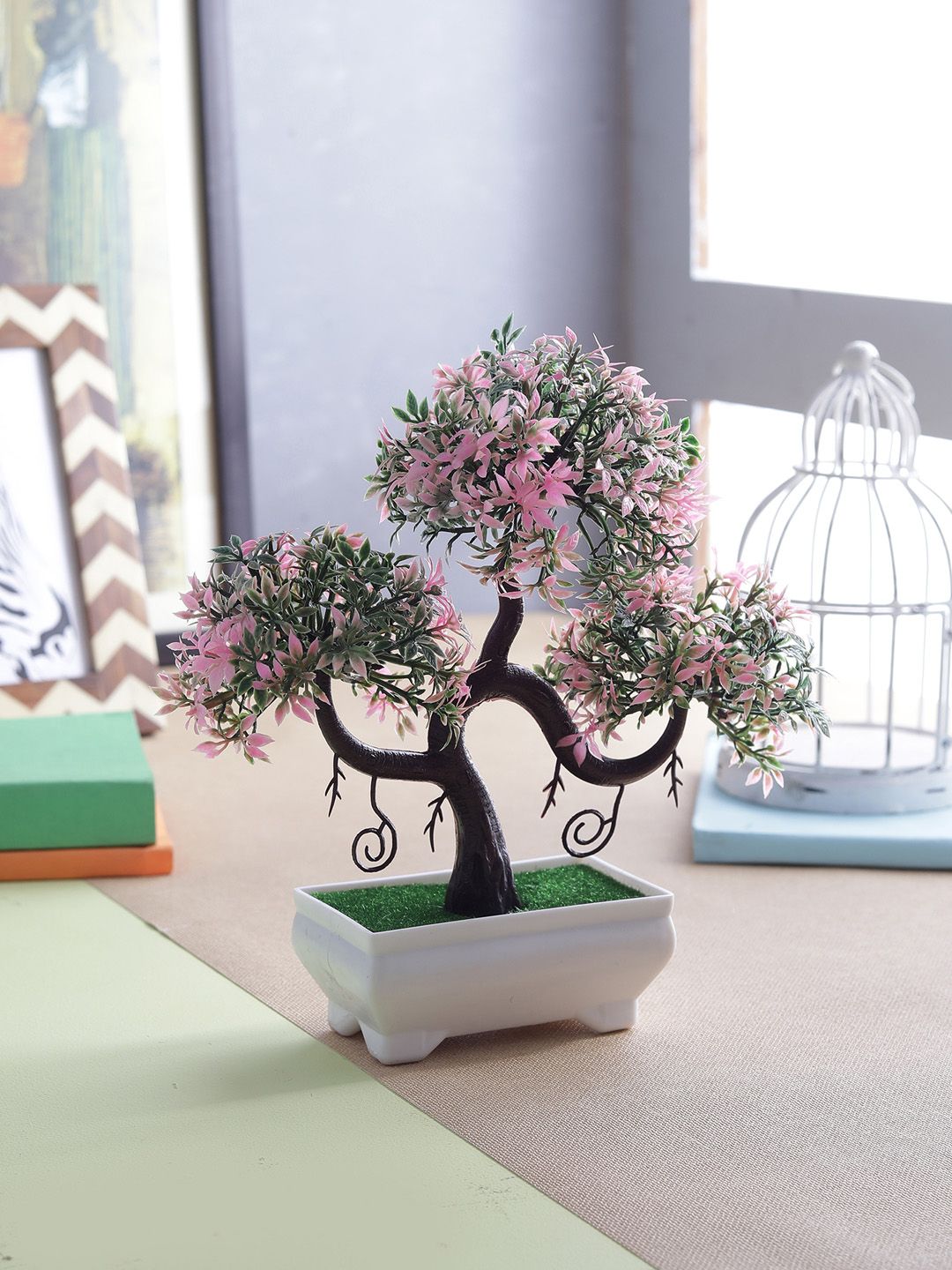 FOLIYAJ Green & Pink Artificial Bonsai Plant Price in India