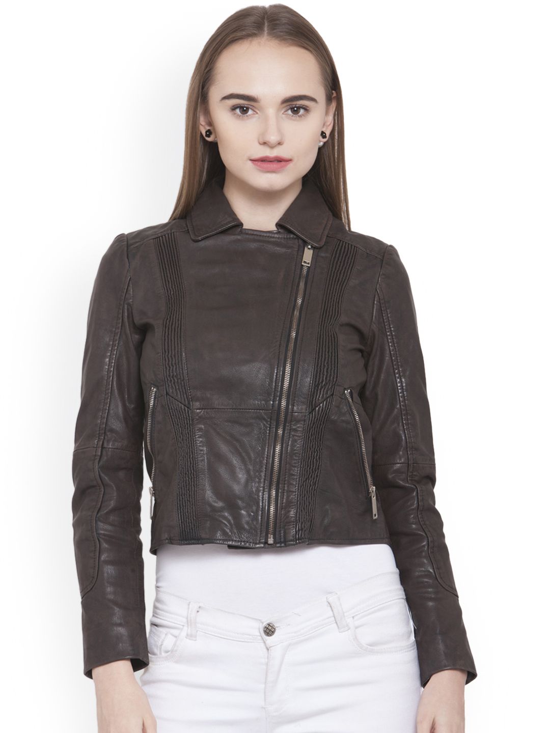Justanned Women Brown Solid Leather Jacket