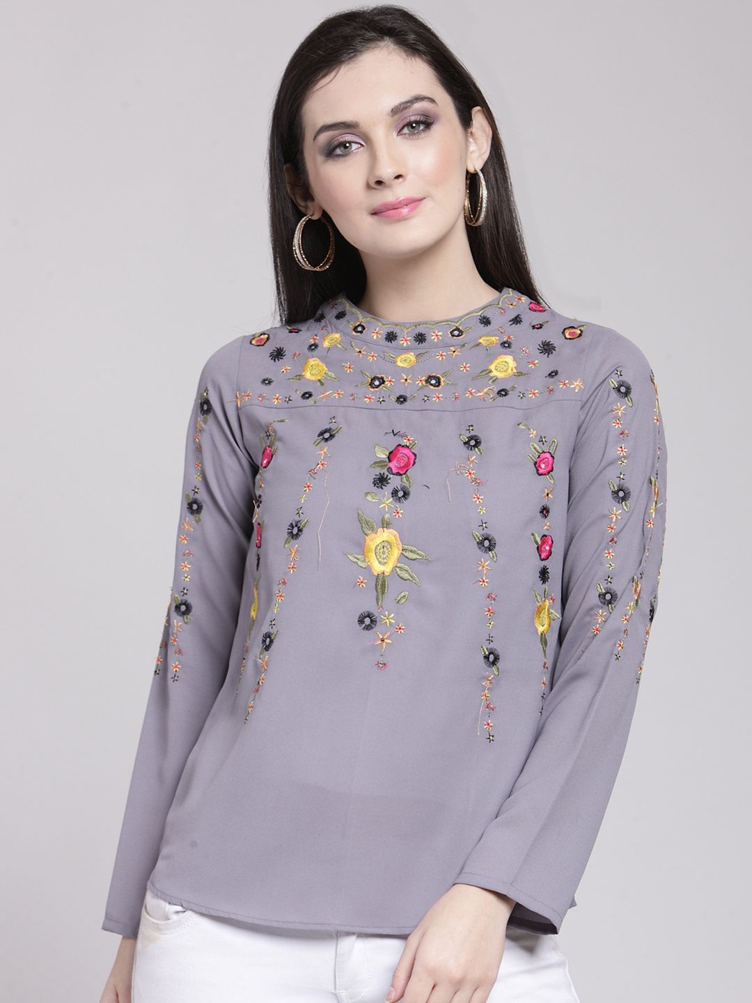 plusS Women Grey Embroidered Top