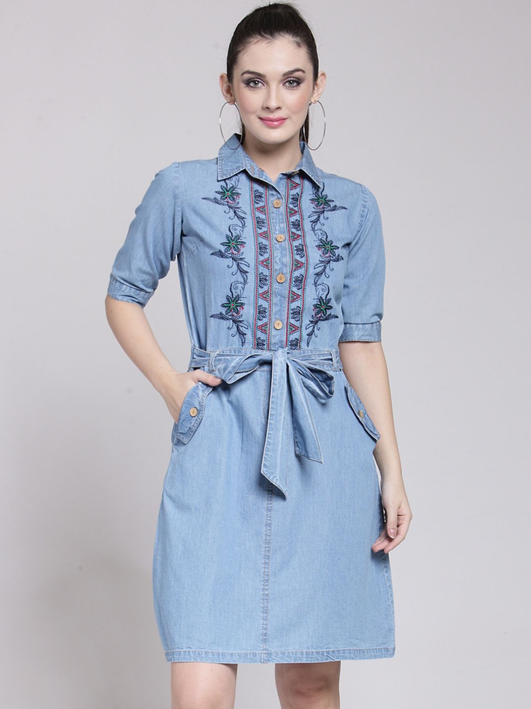 plusS Women Blue Embroidered Denim Shirt Dress Price in India