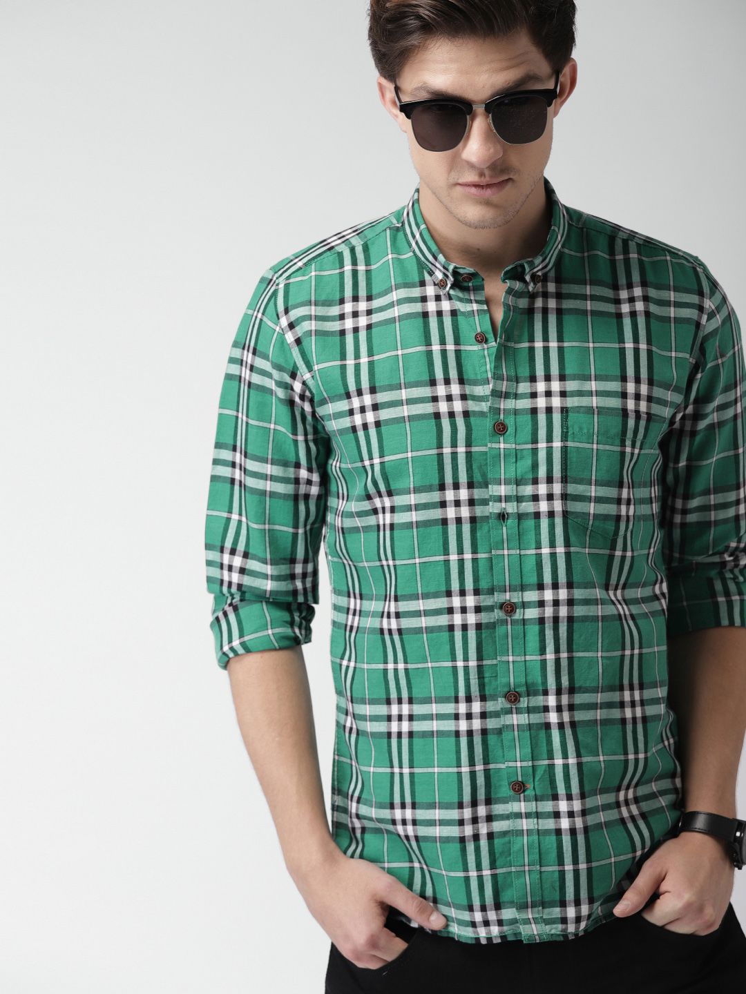 Mast & Harbour Green Checked Slim Fit Casual Shirt