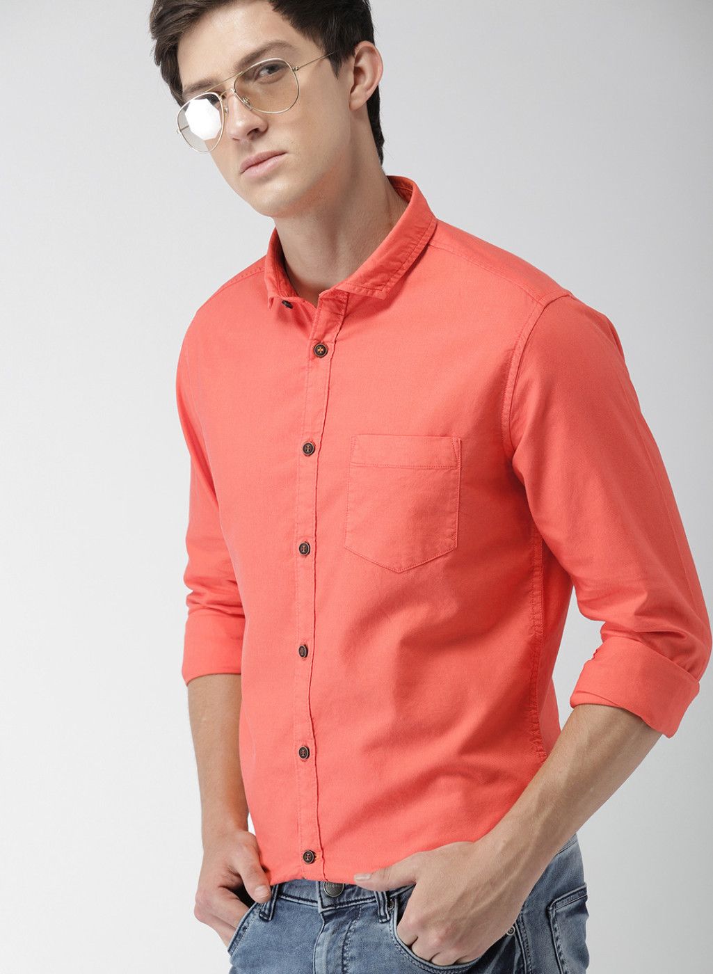 Mast & Harbour Coral Pink Slim Fit Solid Casual Shirt